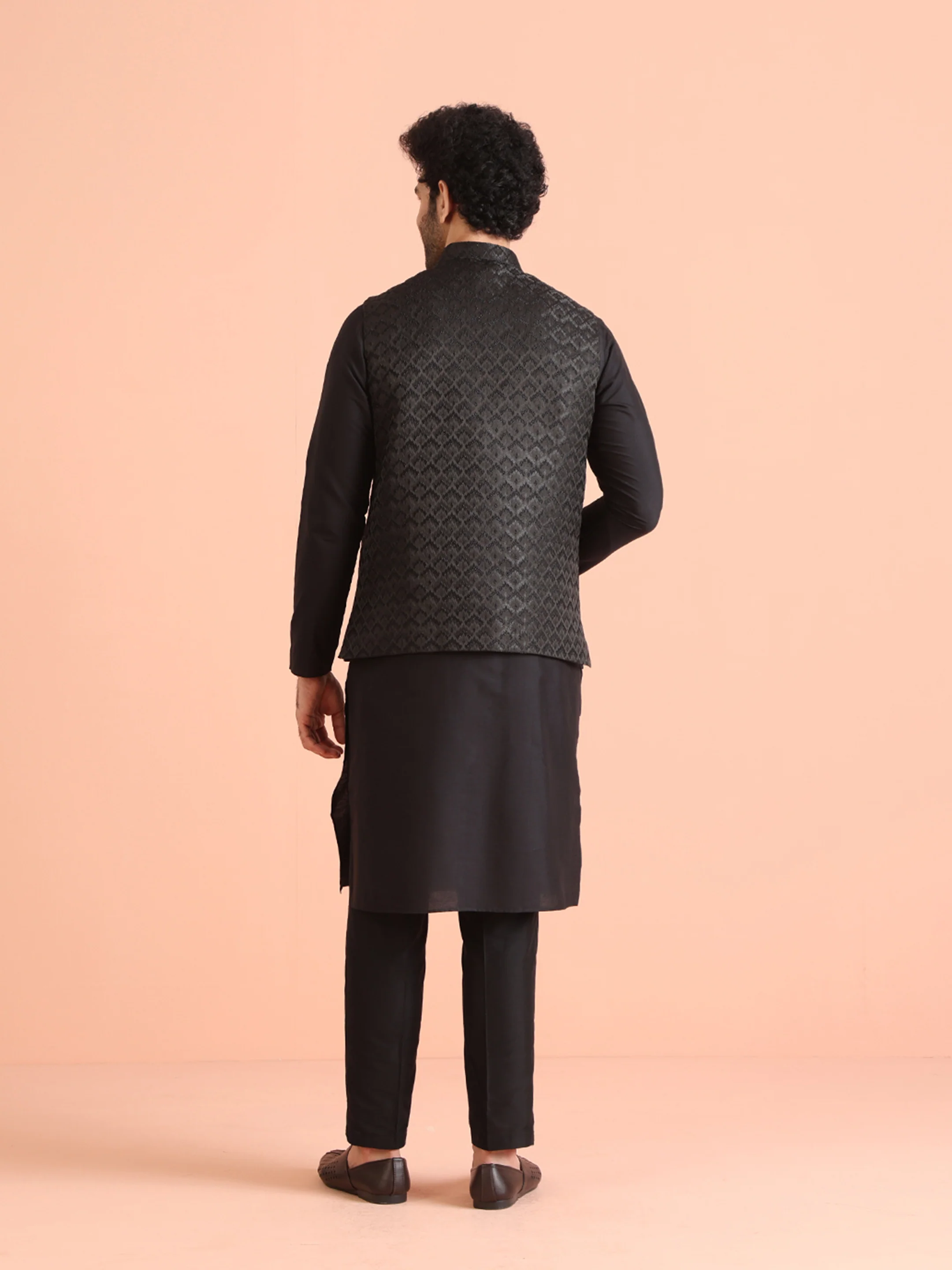 Black Jacquard Nehru Jacket with Brooch - Image 4