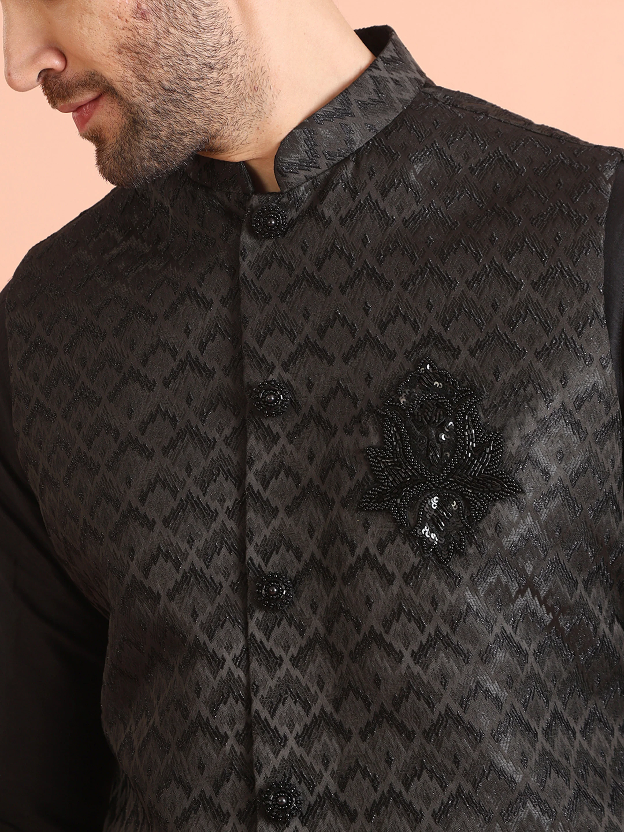 Black Jacquard Nehru Jacket with Brooch - Image 5