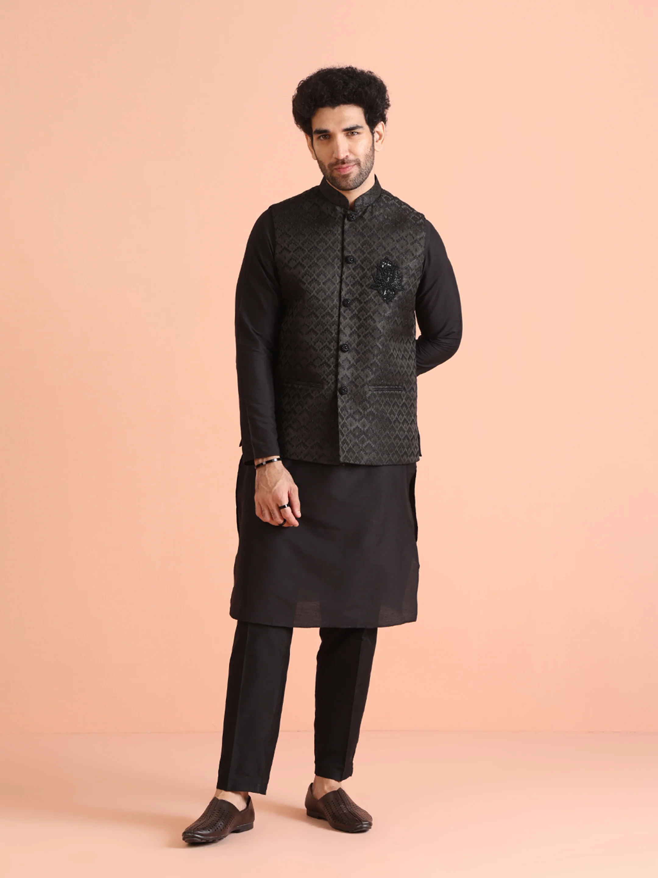 Black Jacquard Nehru Jacket with Brooch - Image 6