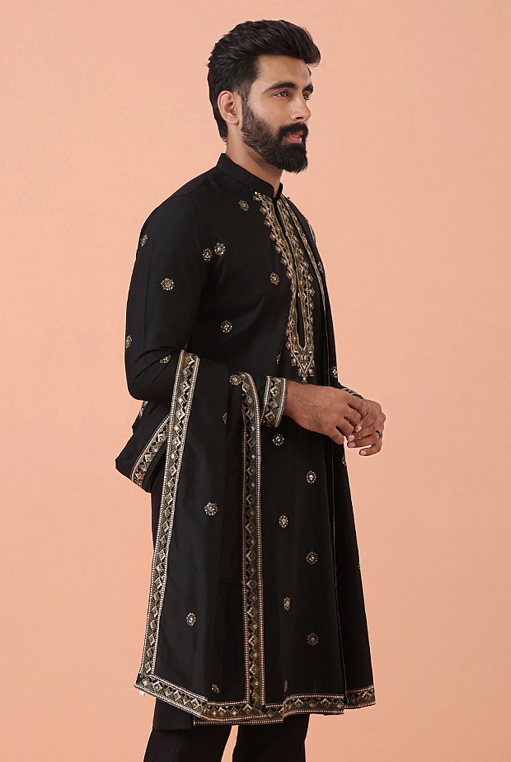 Men Black Embroidered Dupatta - Image 3