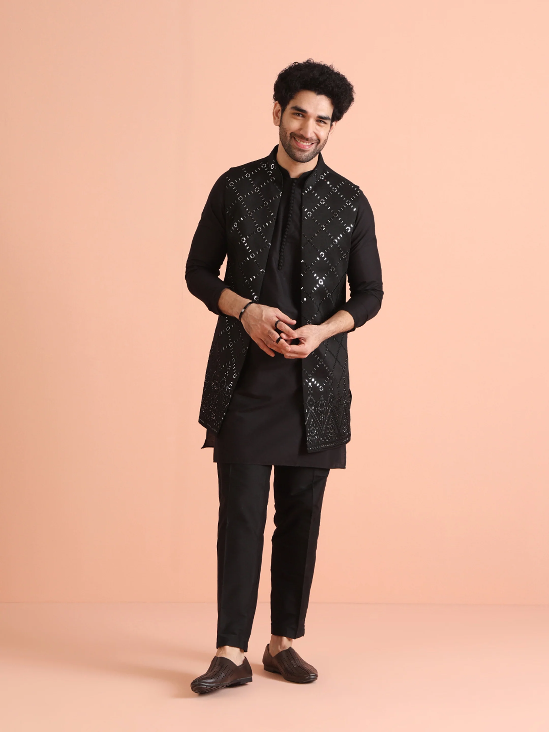 Black Cotton Embroidered Nehru Jacket Kurta Set - Image 2