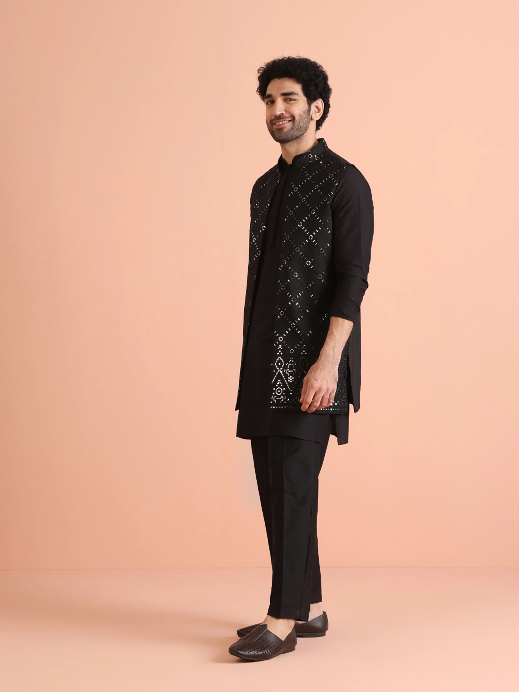 Black Cotton Embroidered Nehru Jacket Kurta Set - Image 3