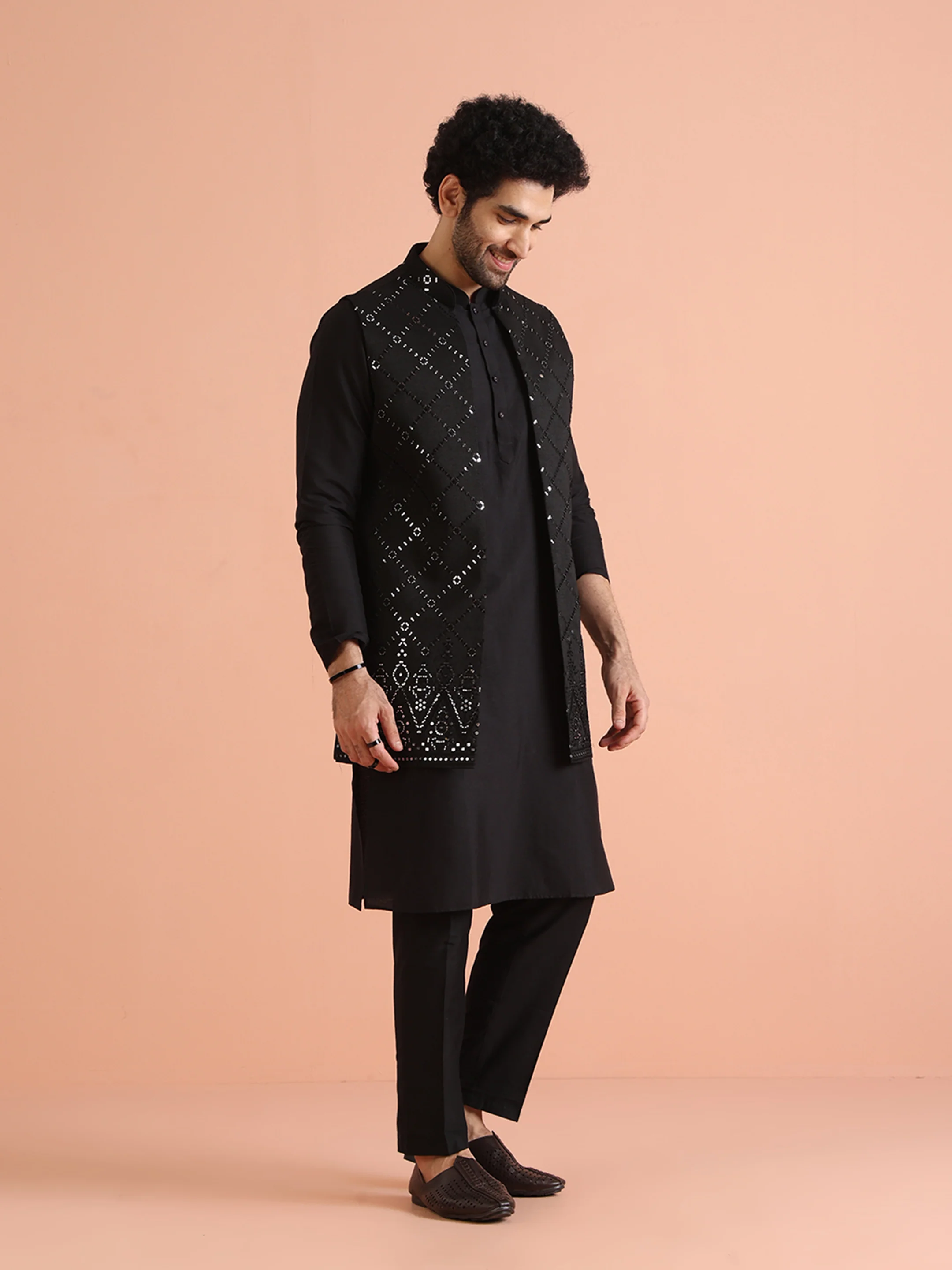 Black Cotton Embroidered Nehru Jacket Kurta Set - Image 2