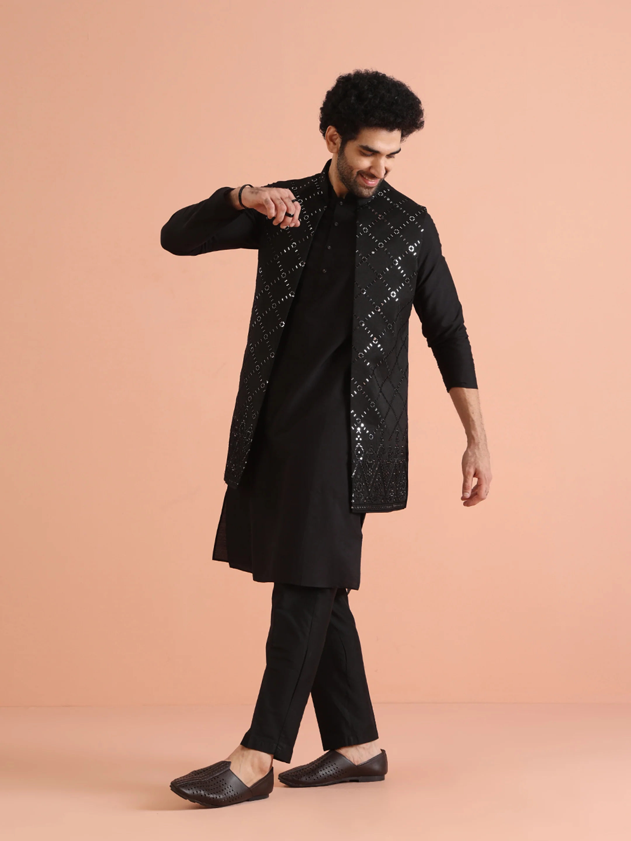 Black Cotton Embroidered Nehru Jacket Kurta Set - Image 3