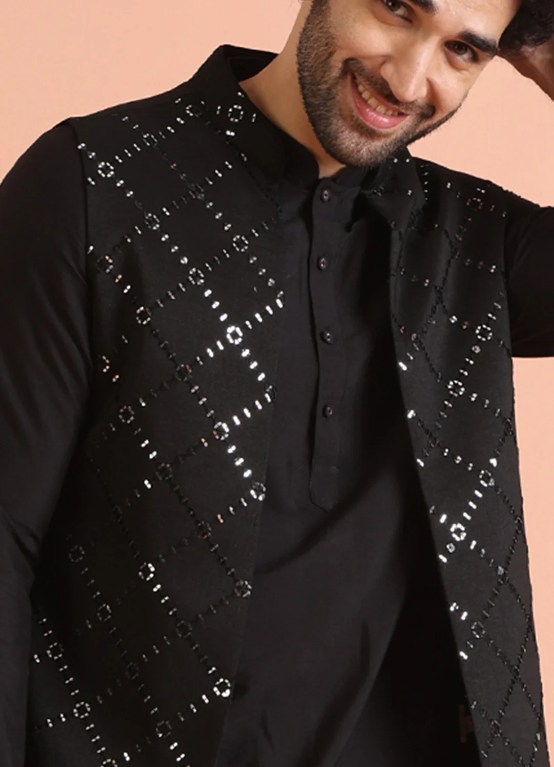 Black Cotton Embroidered Nehru Jacket Kurta Set - Image 5