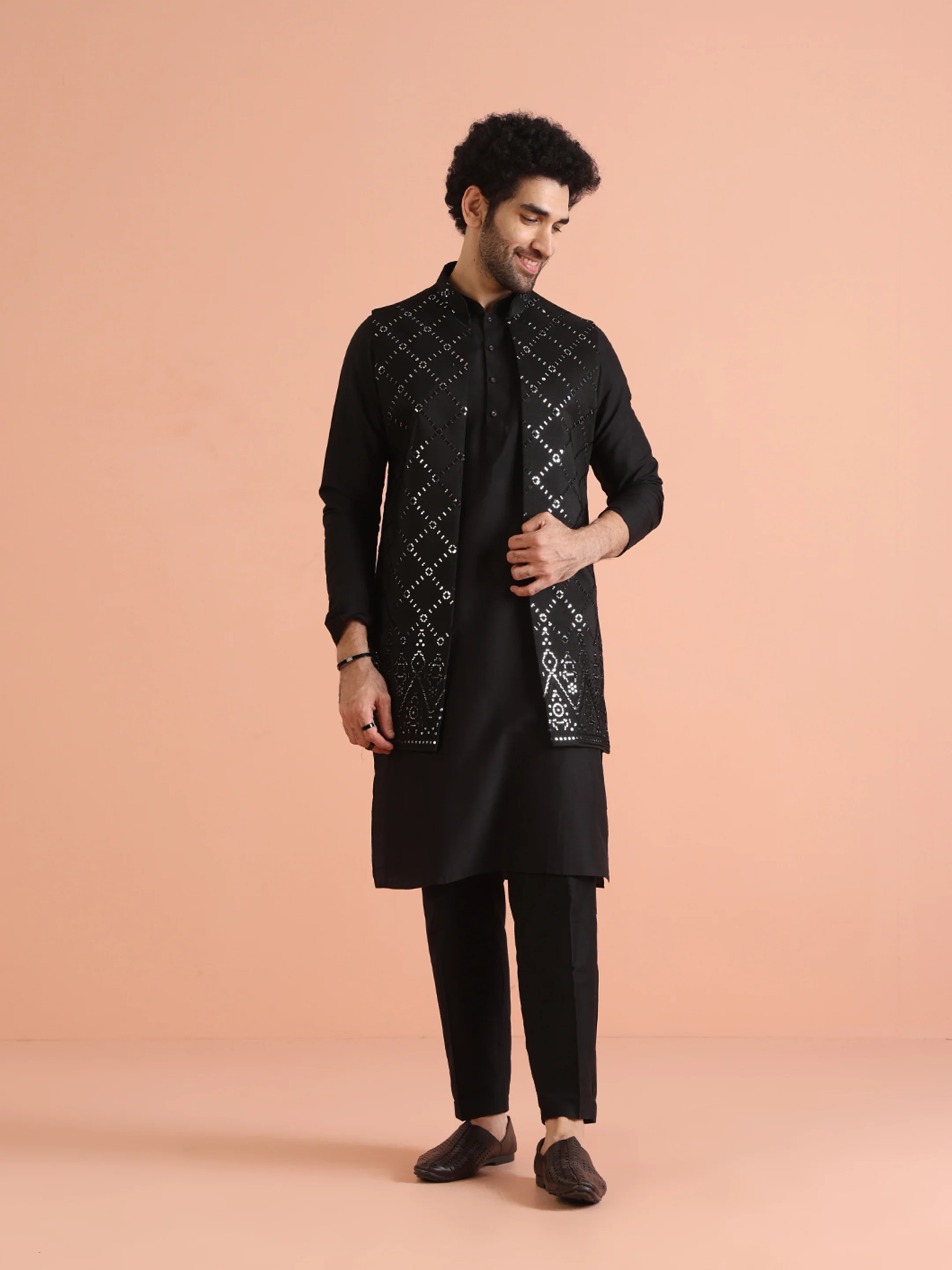 Black Cotton Embroidered Nehru Jacket Kurta Set - Image 7