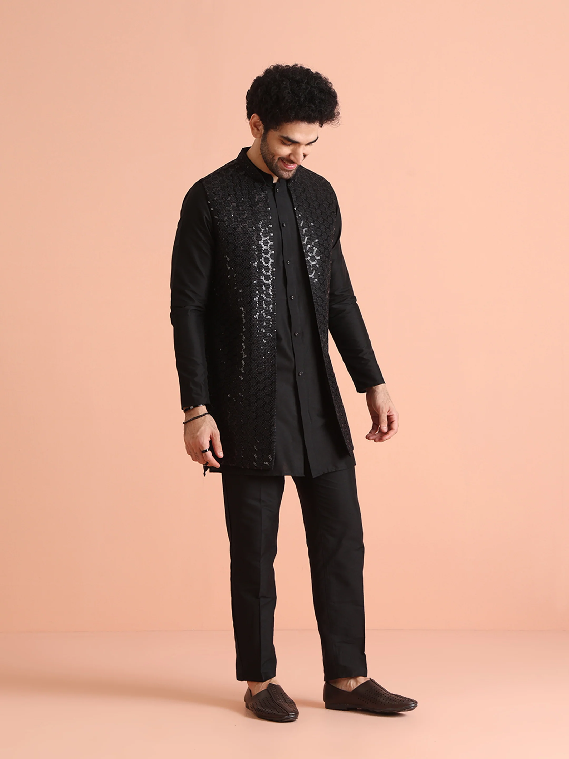 Black Embroidered Jacket Kurta Trouser Set - Image 3