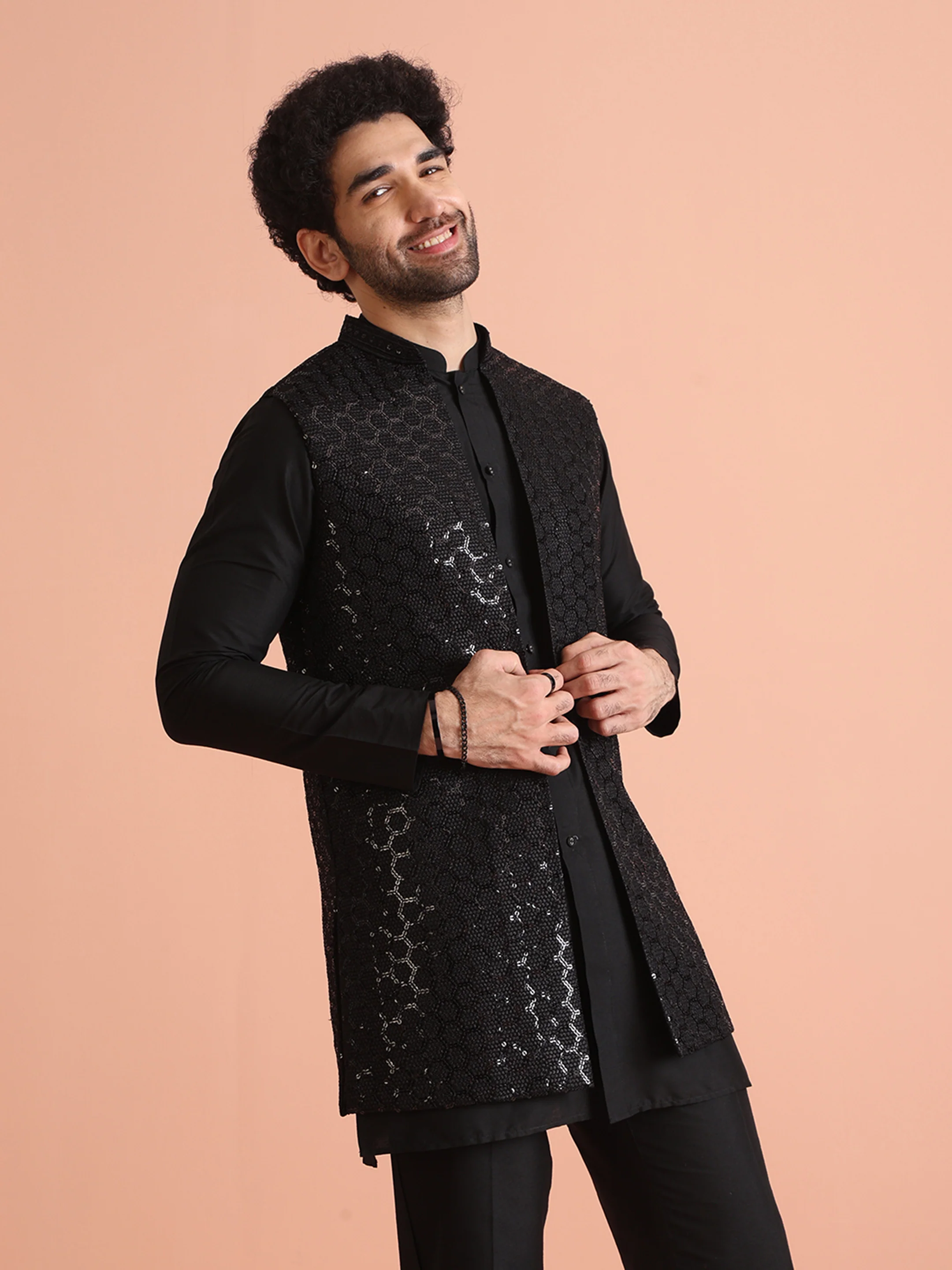 Black Embroidered Jacket Kurta Trouser Set - Image 8