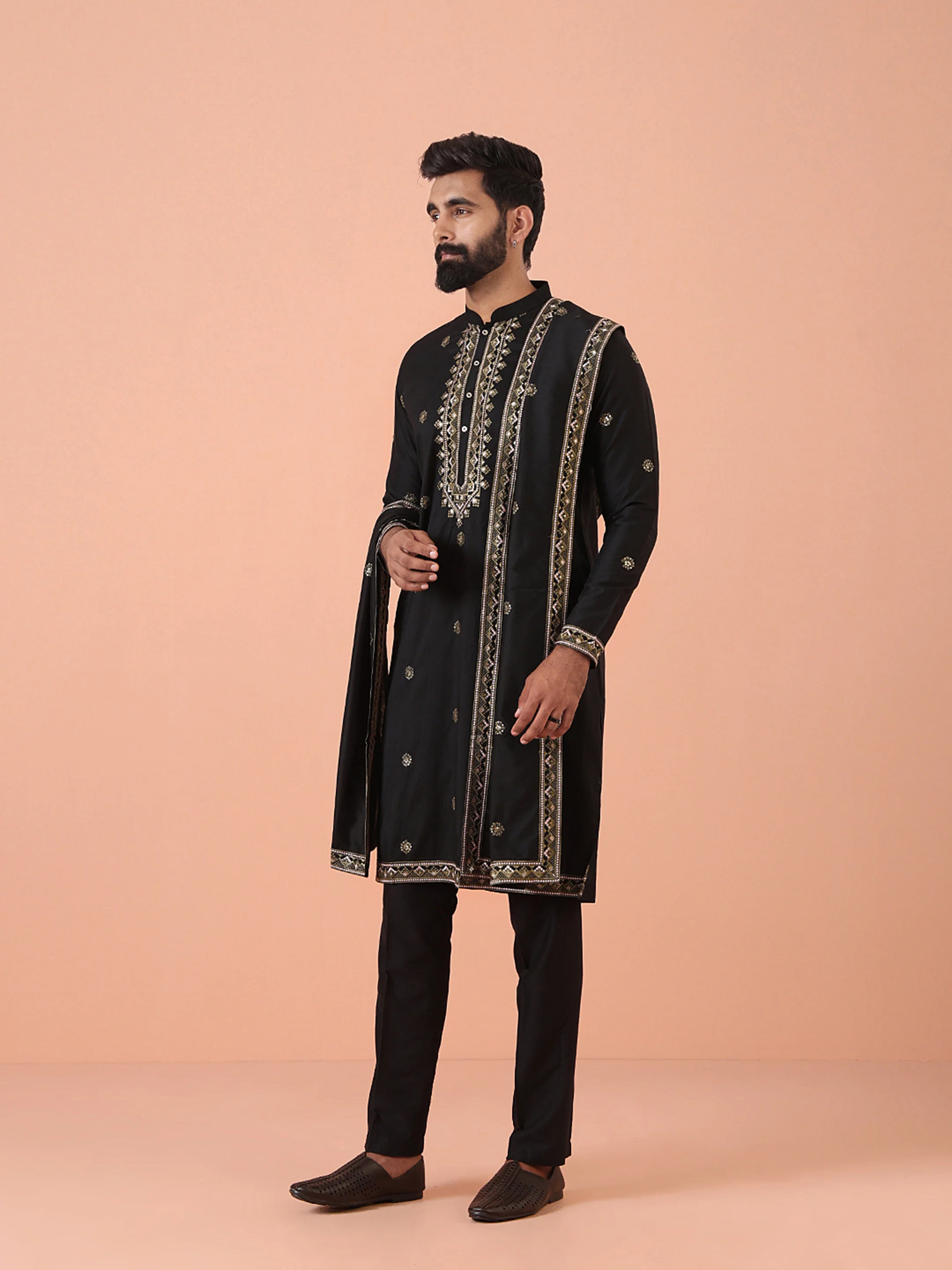Men Black Embroidered Kurta Trousers Dupatta Set - Image 2