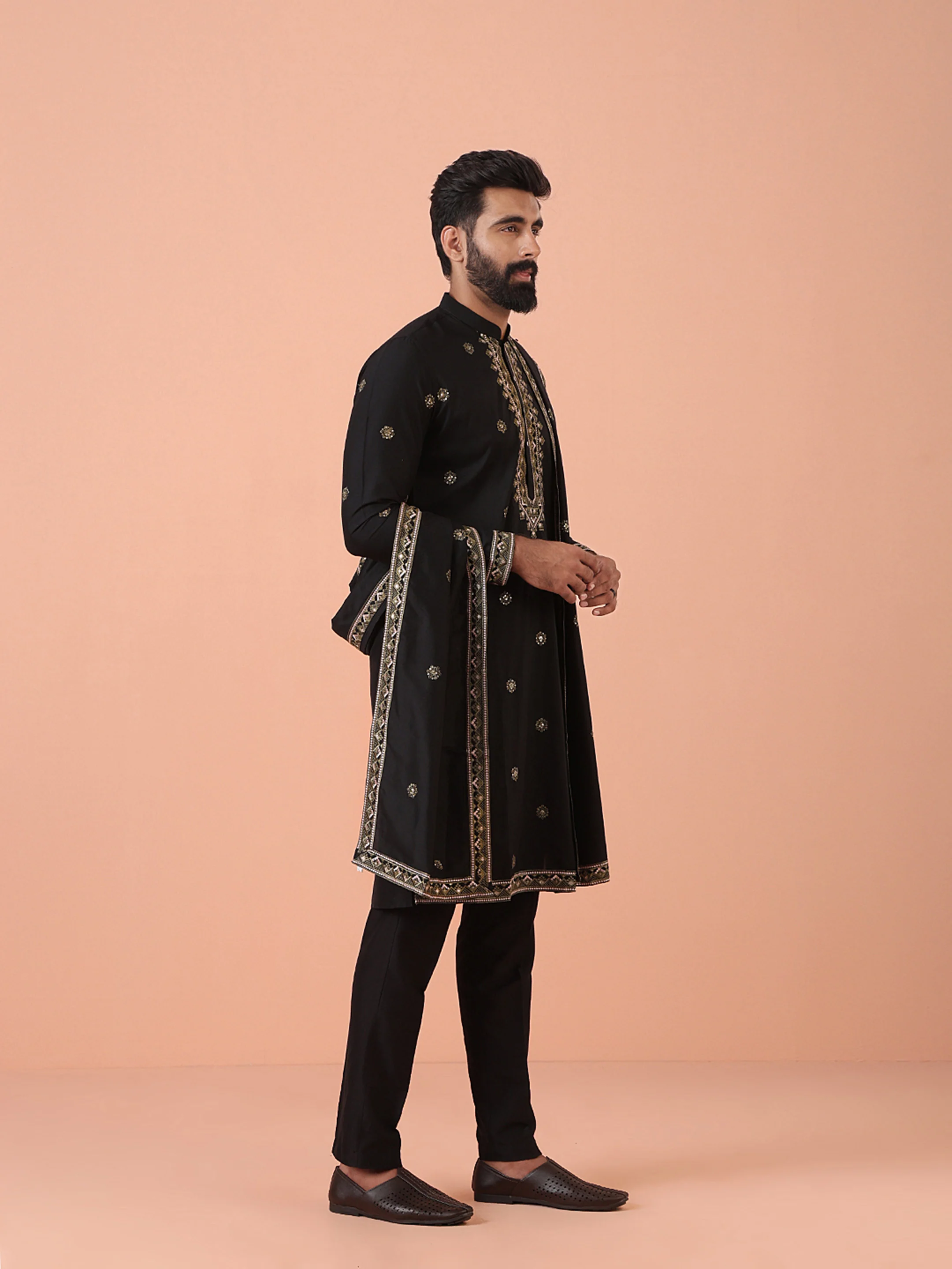 Men Black Embroidered Kurta Trousers Dupatta Set - Image 3