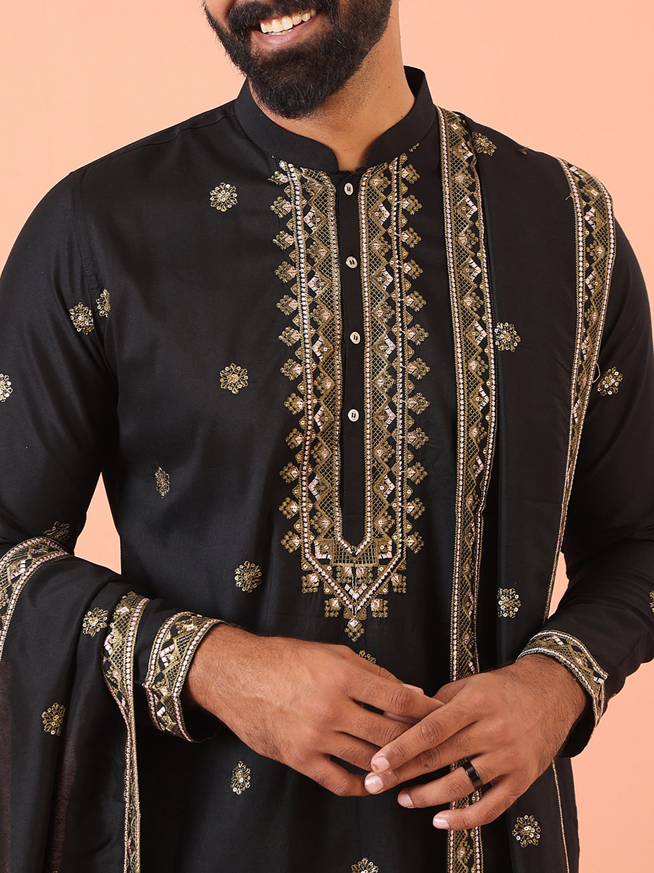 Men Black Embroidered Kurta Trousers Dupatta Set - Image 5