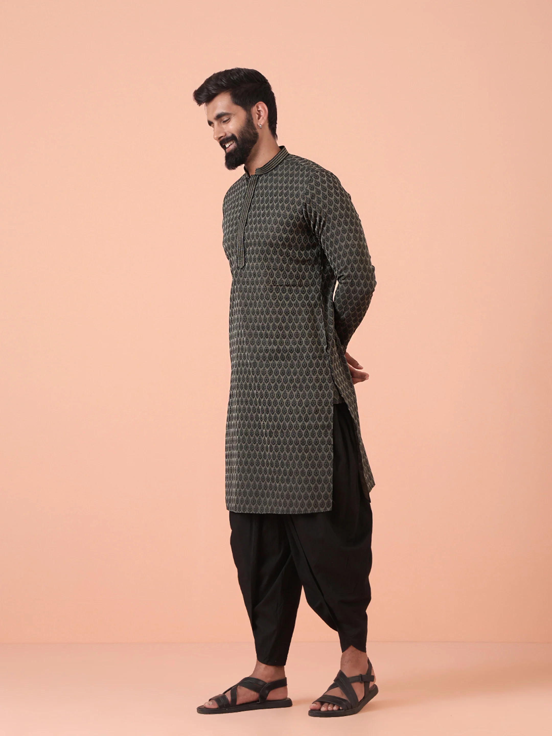 Black Silk Blend Jacquard Kurta - Image 2