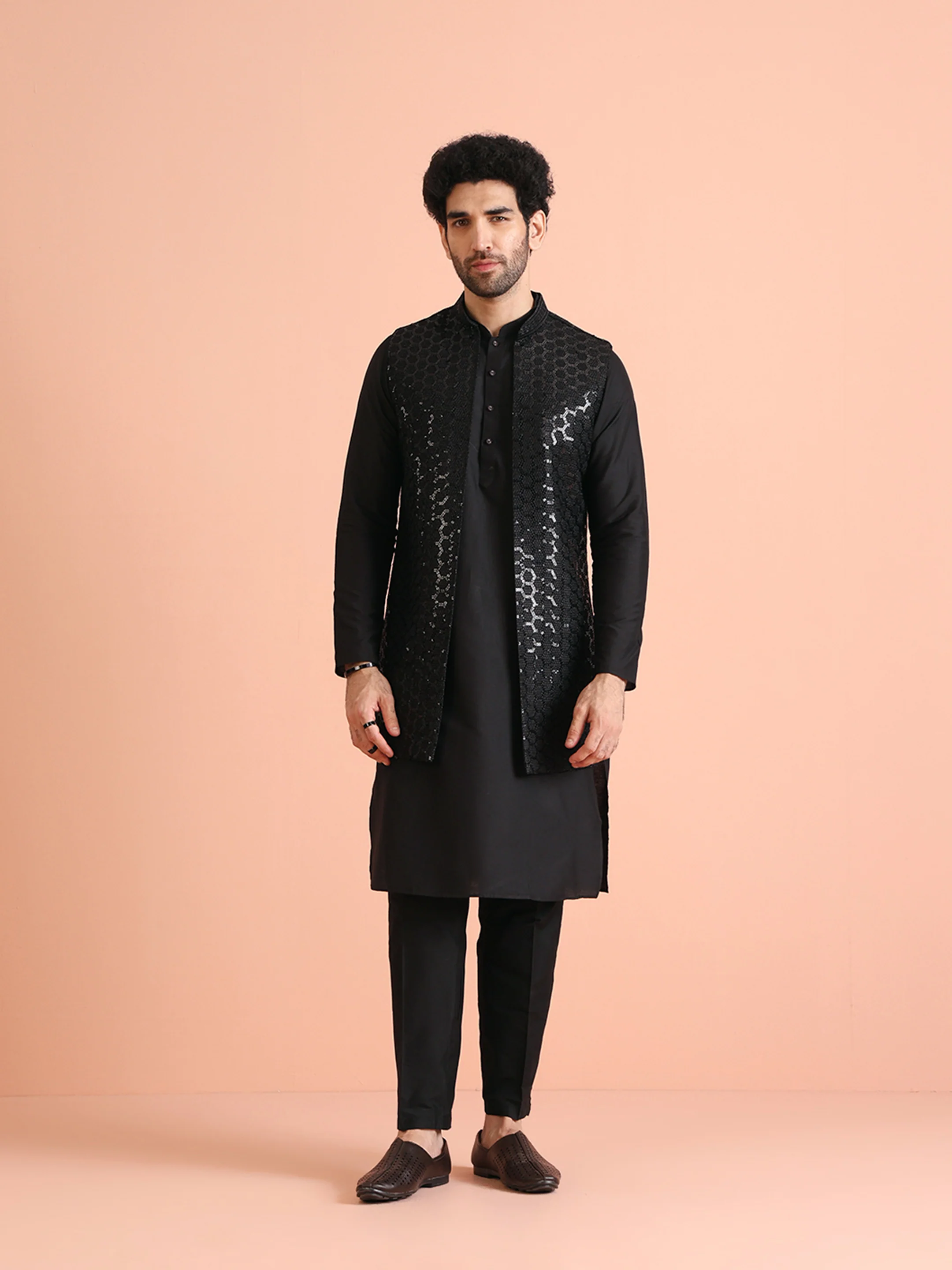 Black Cotton Silk Geometric Sequin Nehru Jacket Kurta Trouser - Image 2
