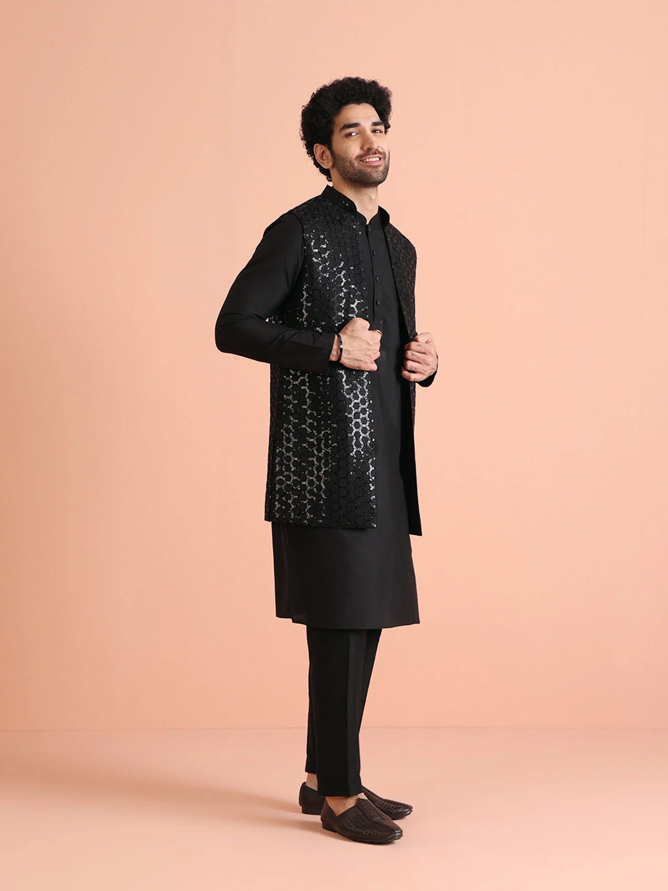 Black Cotton Silk Geometric Sequin Nehru Jacket Kurta Trouser - Image 3