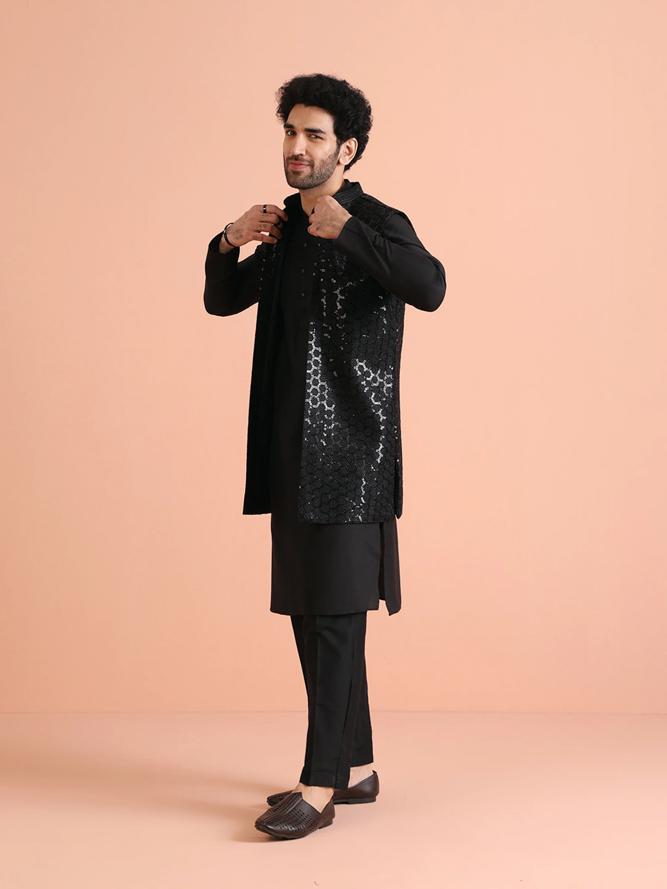 Black Cotton Silk Geometric Sequin Nehru Jacket Kurta Trouser - Image 4