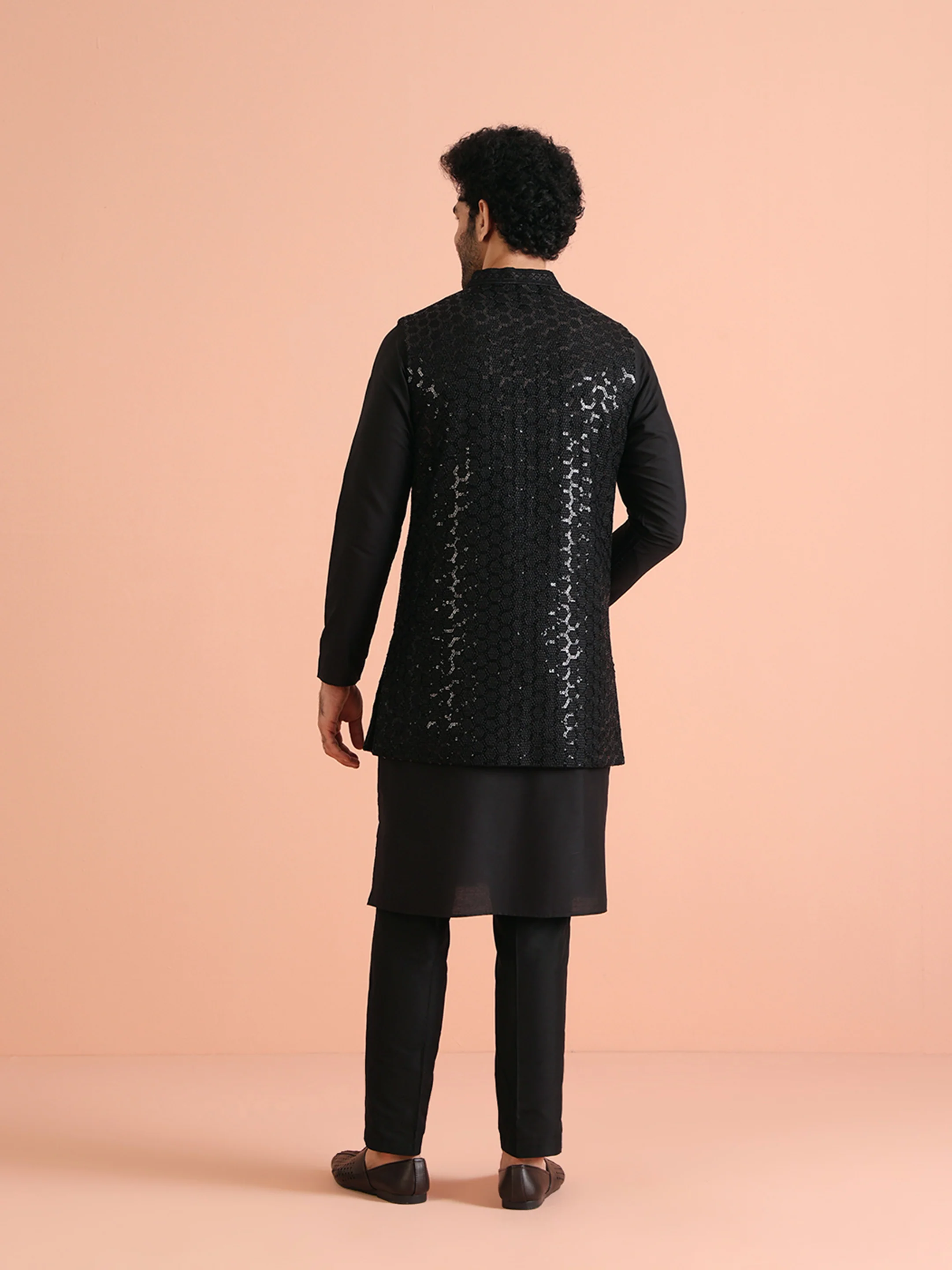 Black Cotton Silk Geometric Sequin Nehru Jacket Kurta Trouser - Image 5