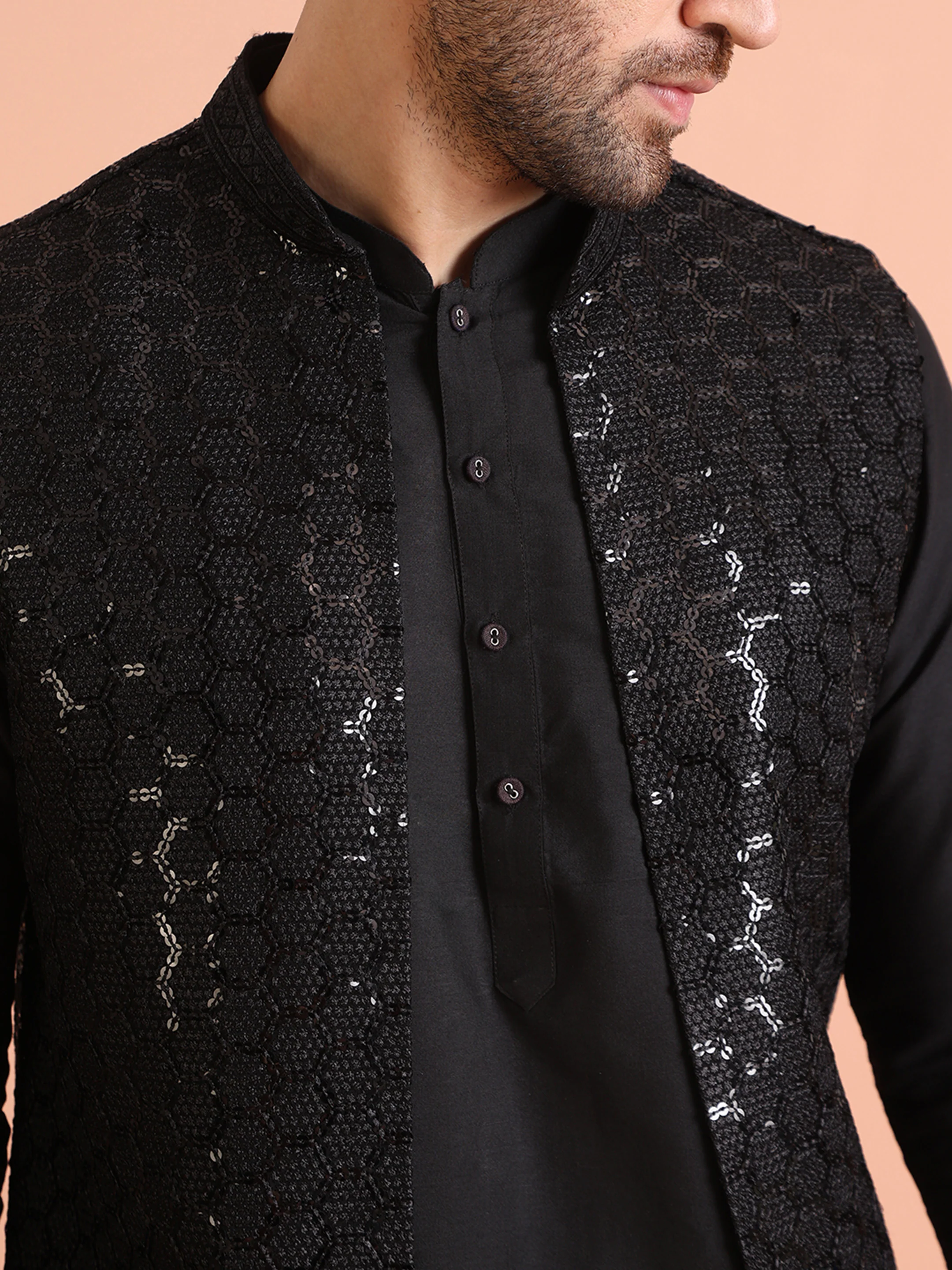 Black Cotton Silk Geometric Sequin Nehru Jacket Kurta Trouser - Image 6