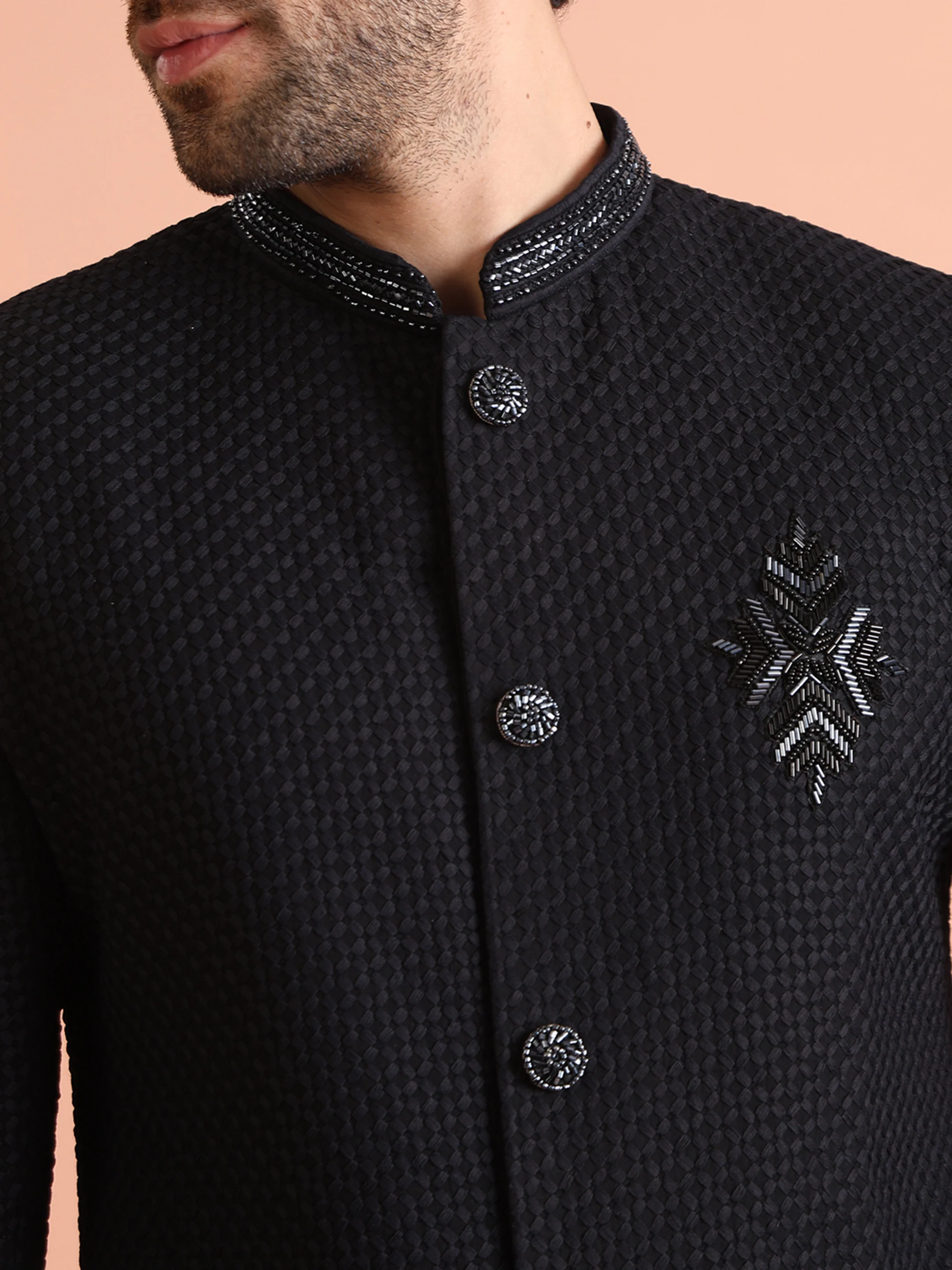 Men Black Heavy Thread Work Indo Western Trouser Set - Image 5