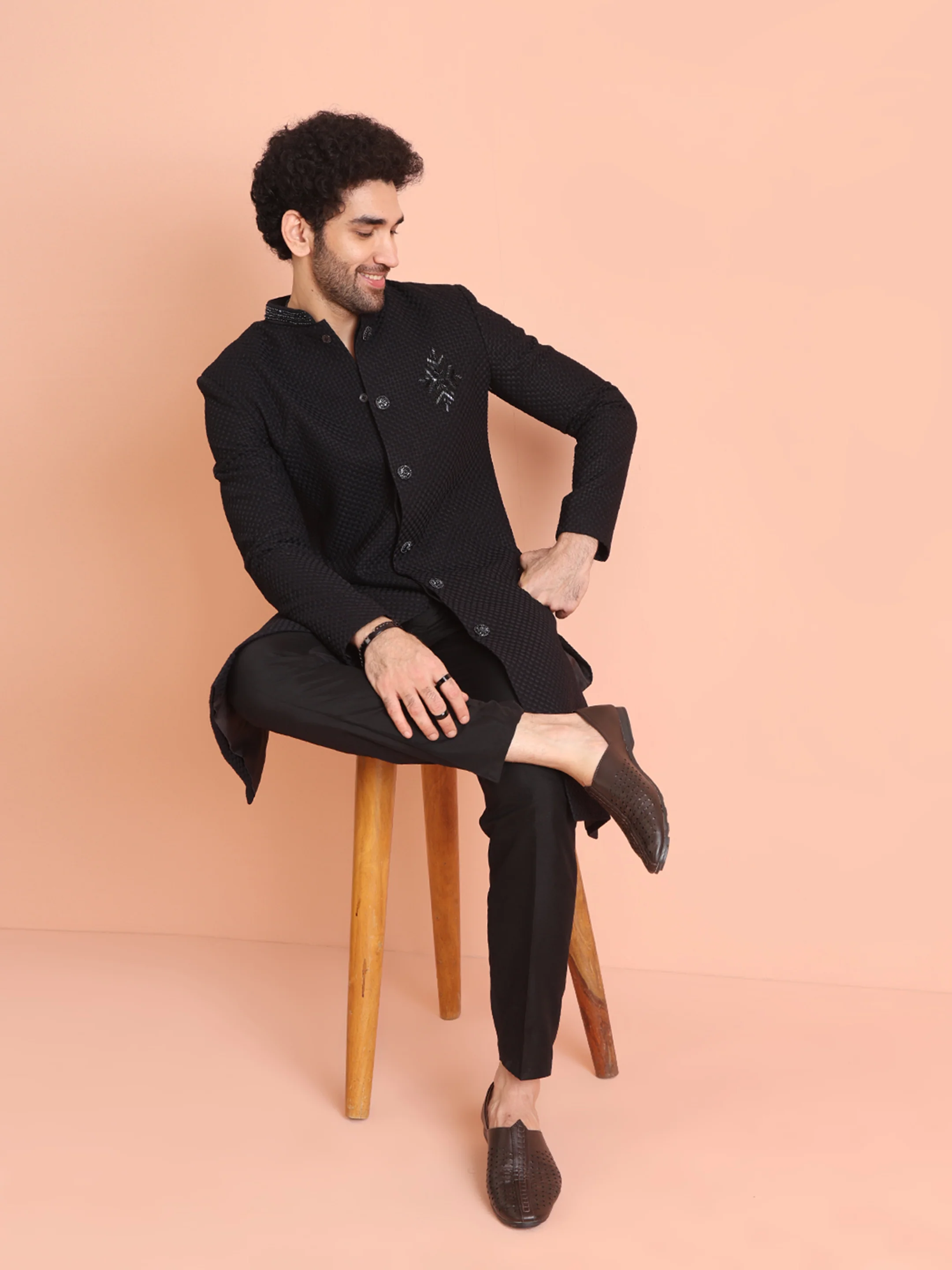 Men Black Heavy Thread Work Indo Western Trouser Set - Image 7
