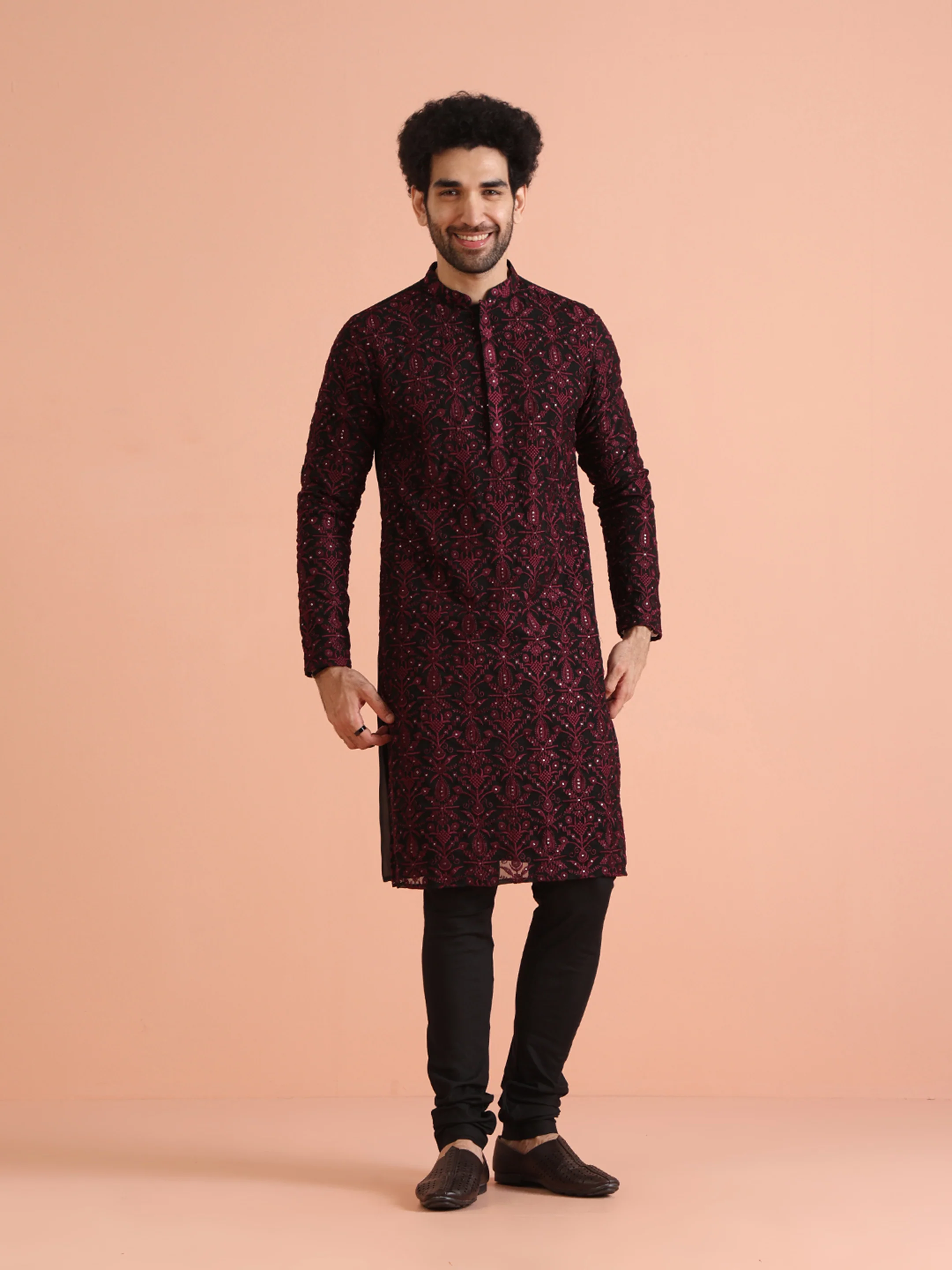 Men Black Heavy Thread Work Kurta Churidar Set - Image 2