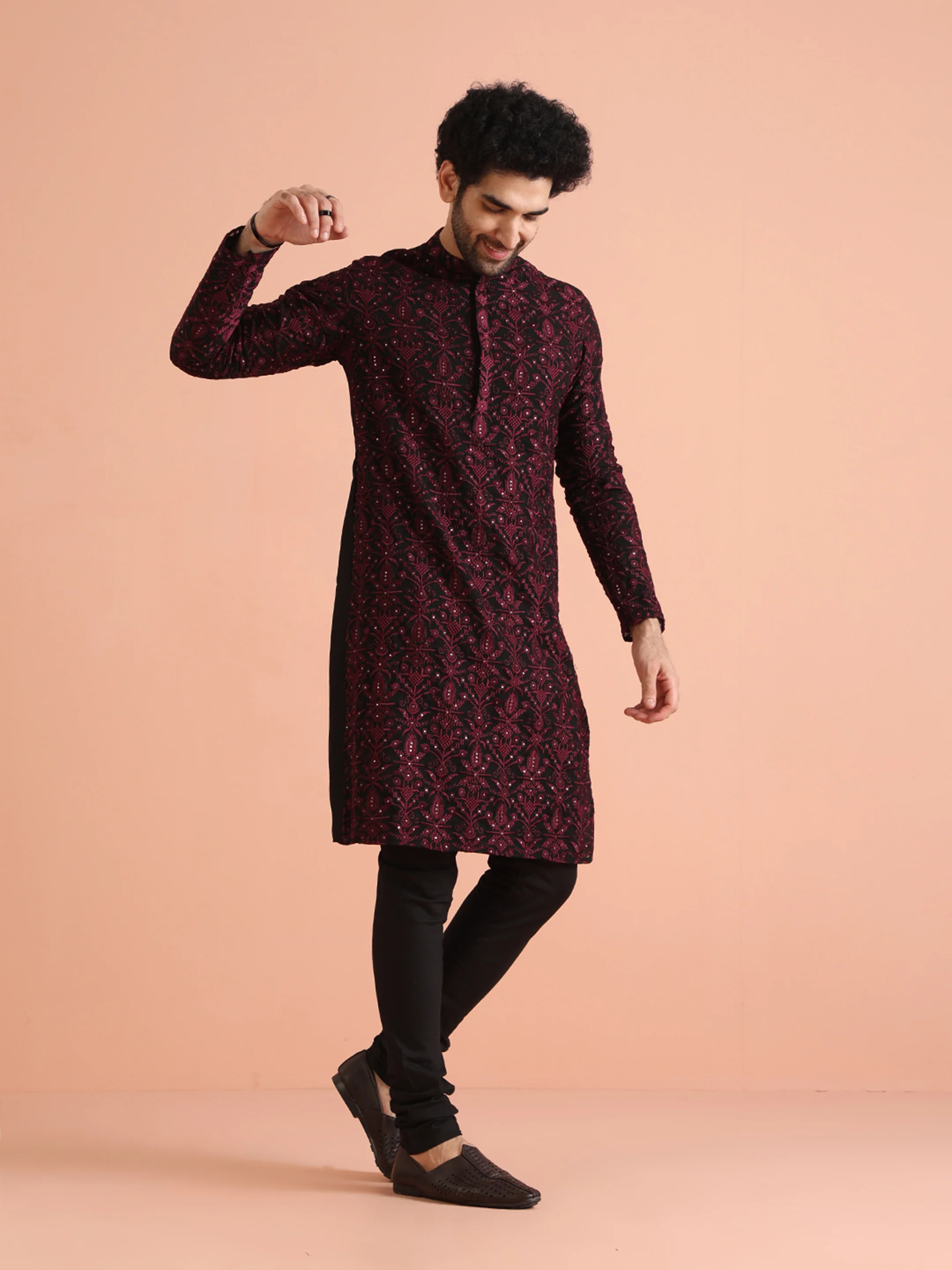 Men Black Heavy Thread Work Kurta Churidar Set - Image 3