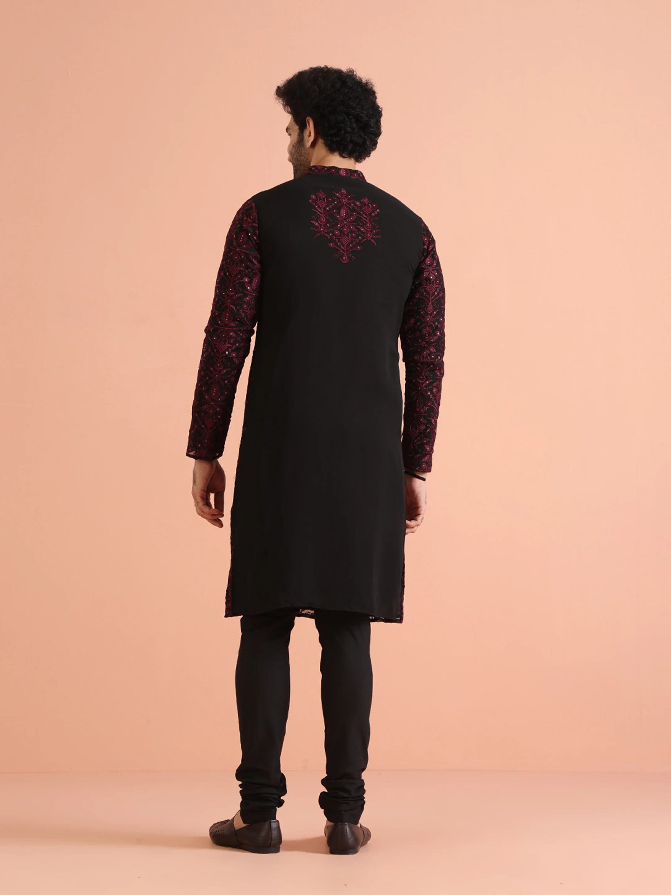 Men Black Heavy Thread Work Kurta Churidar Set - Image 5