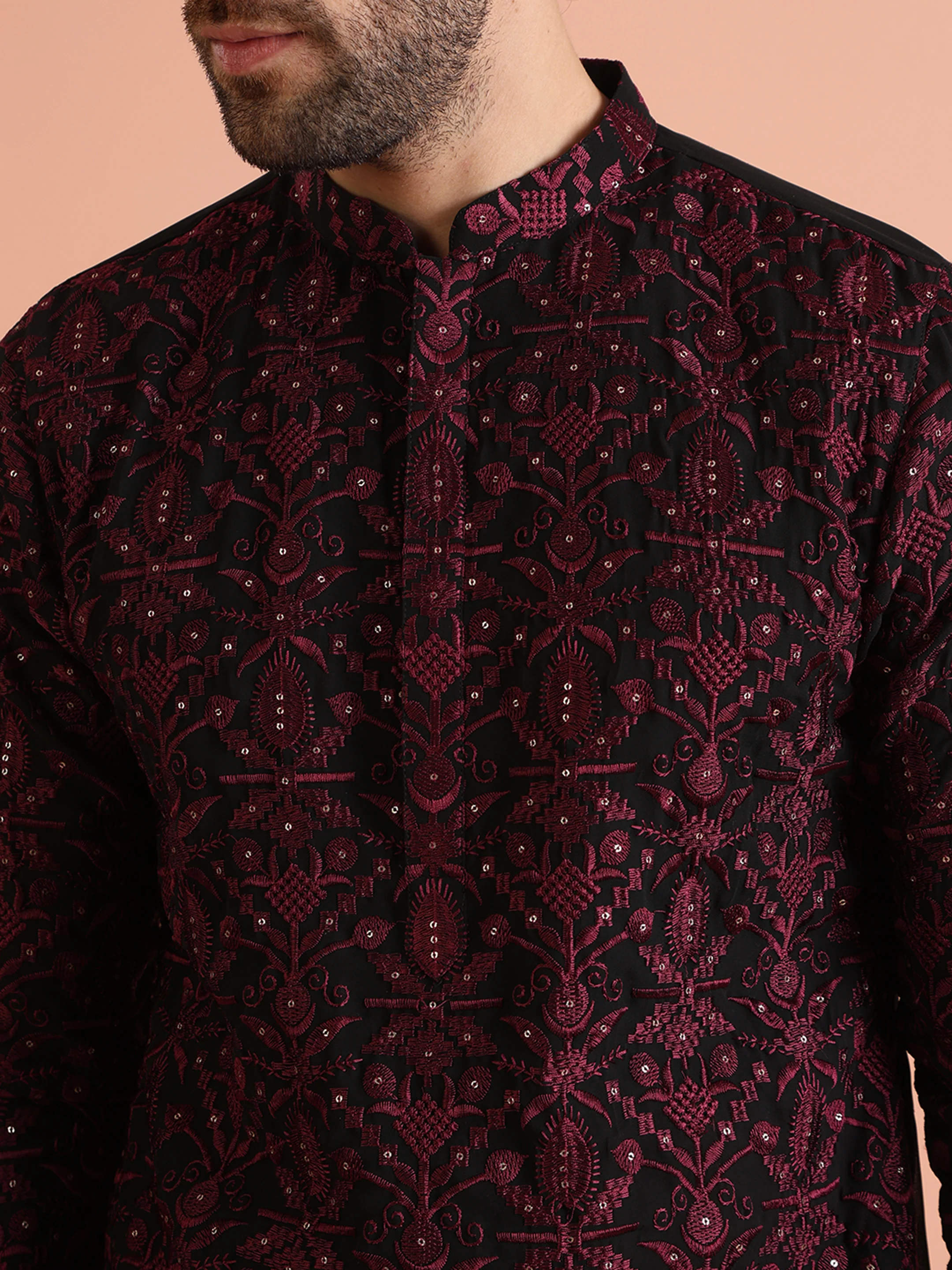 Men Black Heavy Thread Work Kurta Churidar Set - Image 6