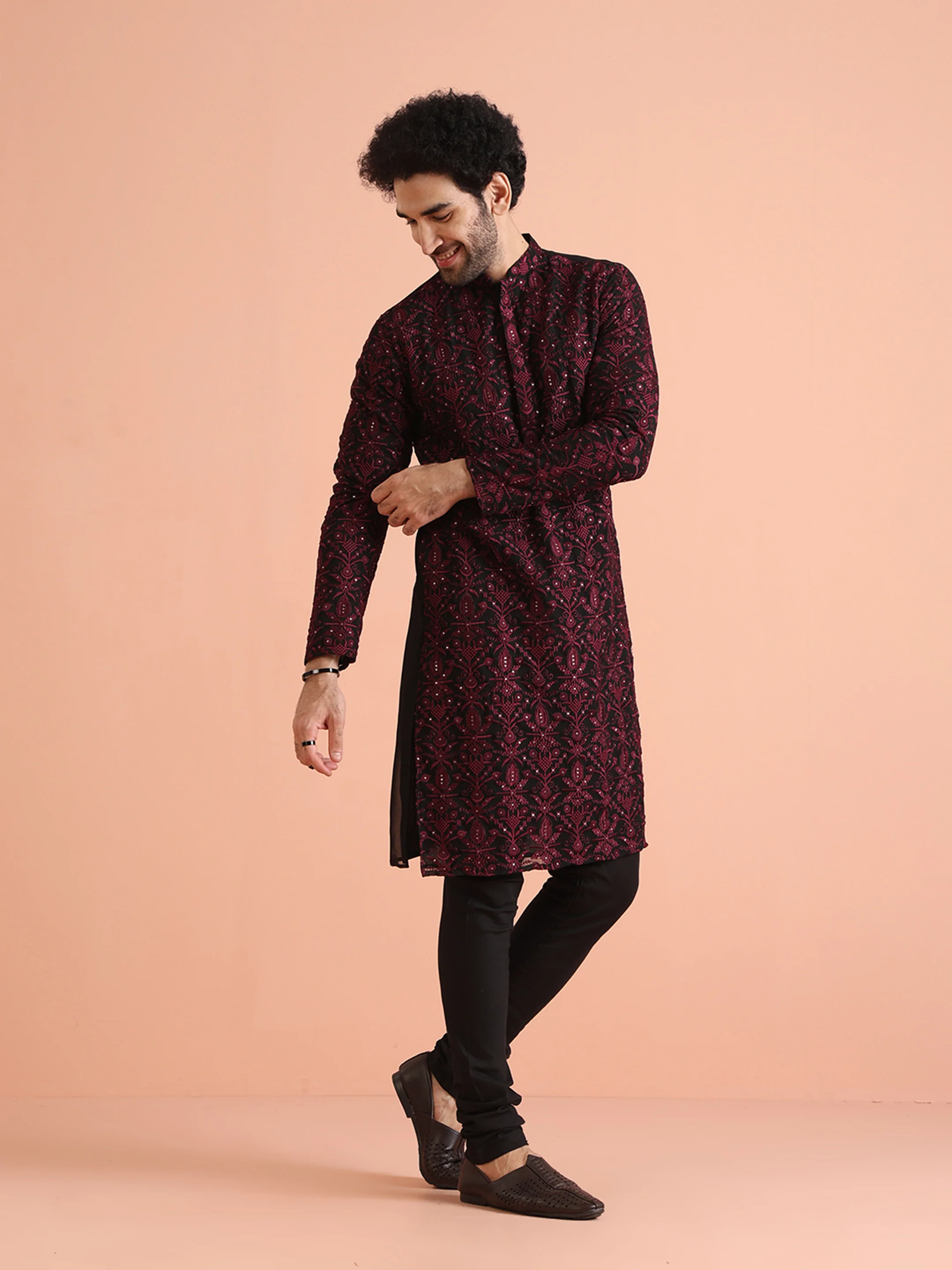 Men Black Heavy Thread Work Kurta Churidar Set - Image 8