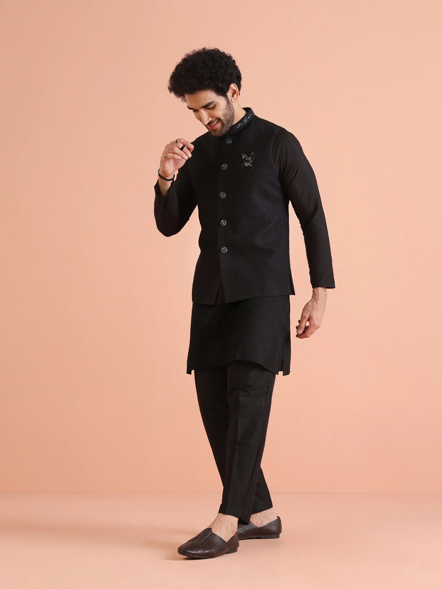 Black Cotton Silk Thread Work Nehru Jacket Kurta Trouser - Image 4