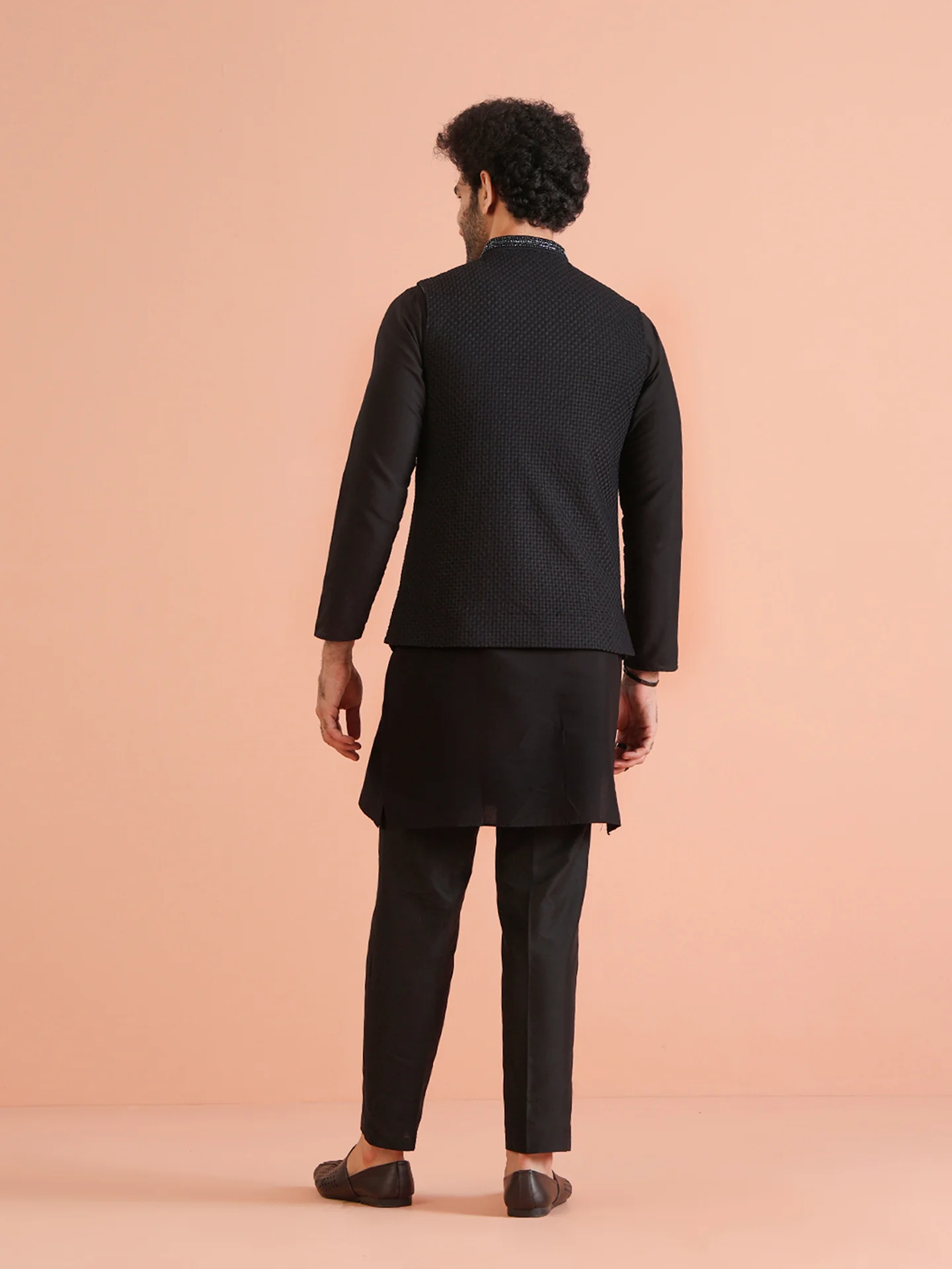 Black Cotton Silk Thread Work Nehru Jacket Kurta Trouser - Image 5
