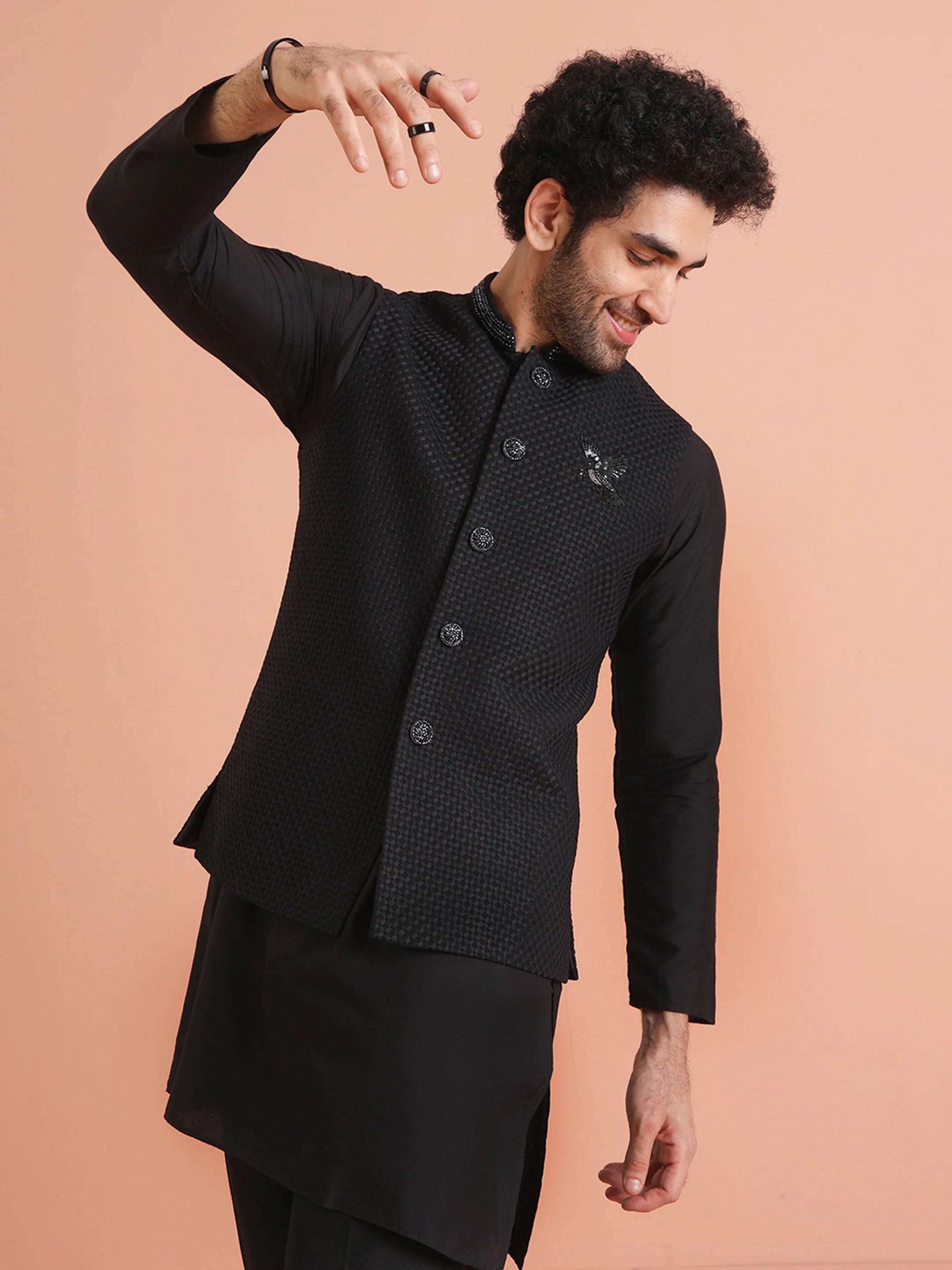 Black Cotton Silk Thread Work Nehru Jacket Kurta Trouser - Image 6