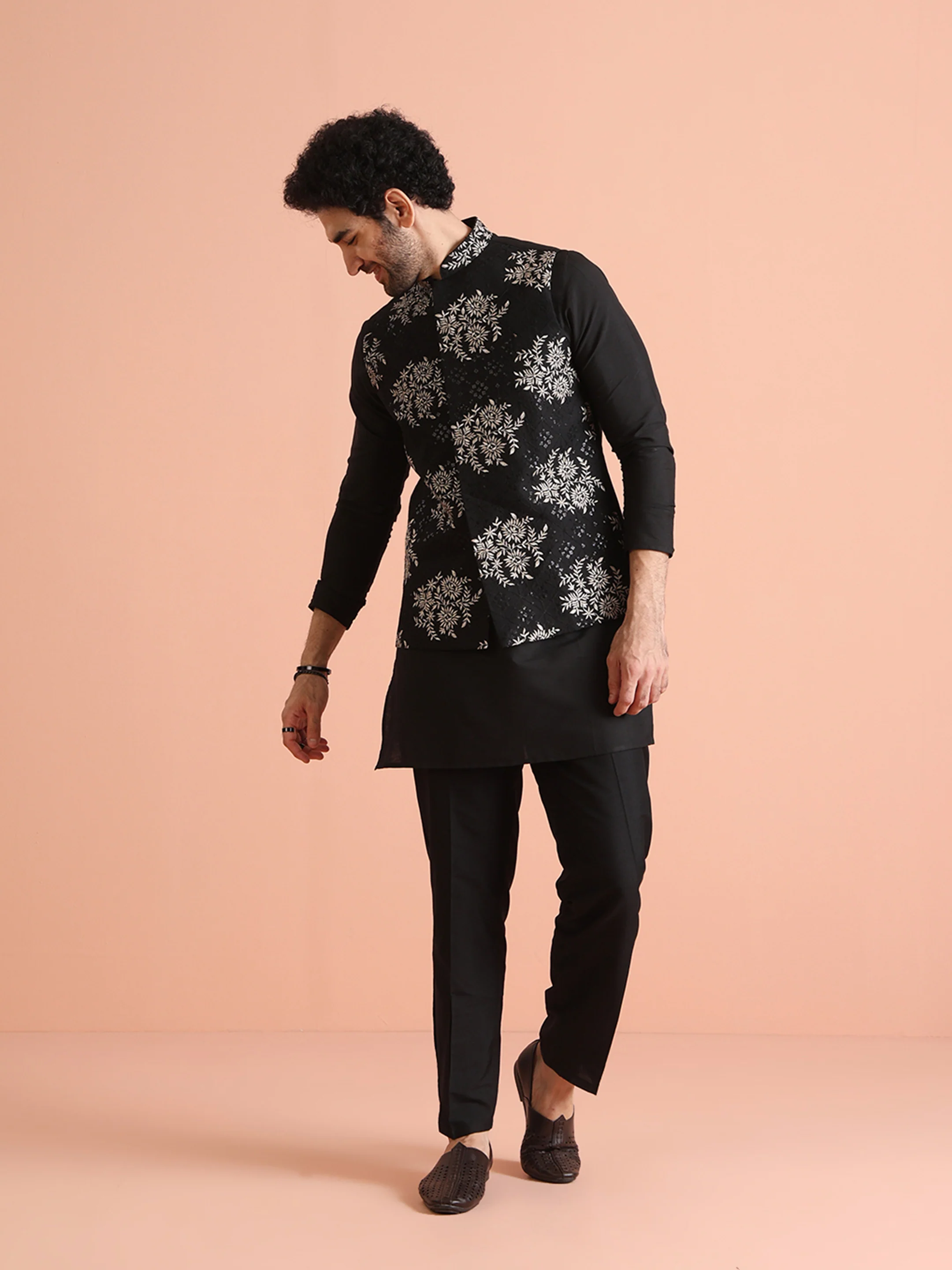 Black Thread Work Jacket Kurta Trouser Set - Image 2