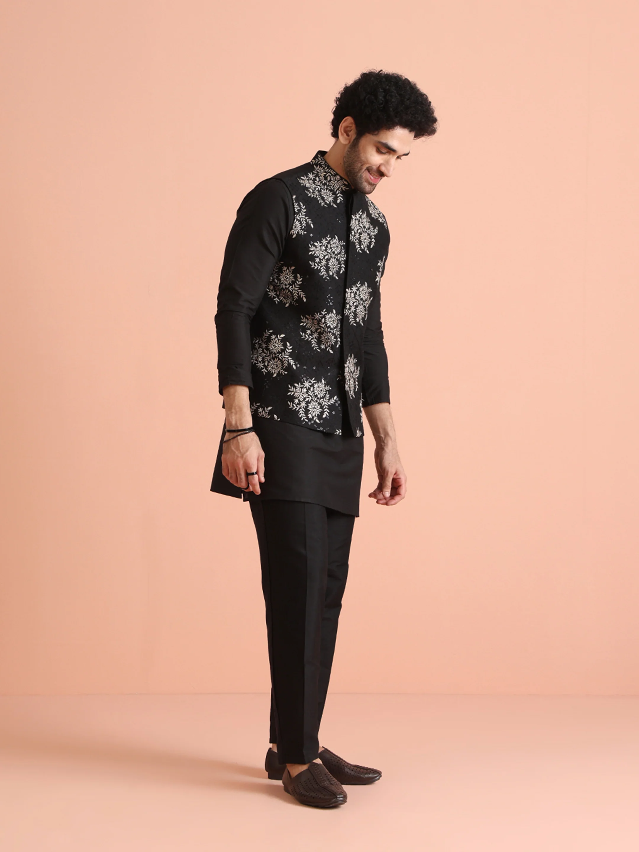 Black Thread Work Jacket Kurta Trouser Set - Image 3