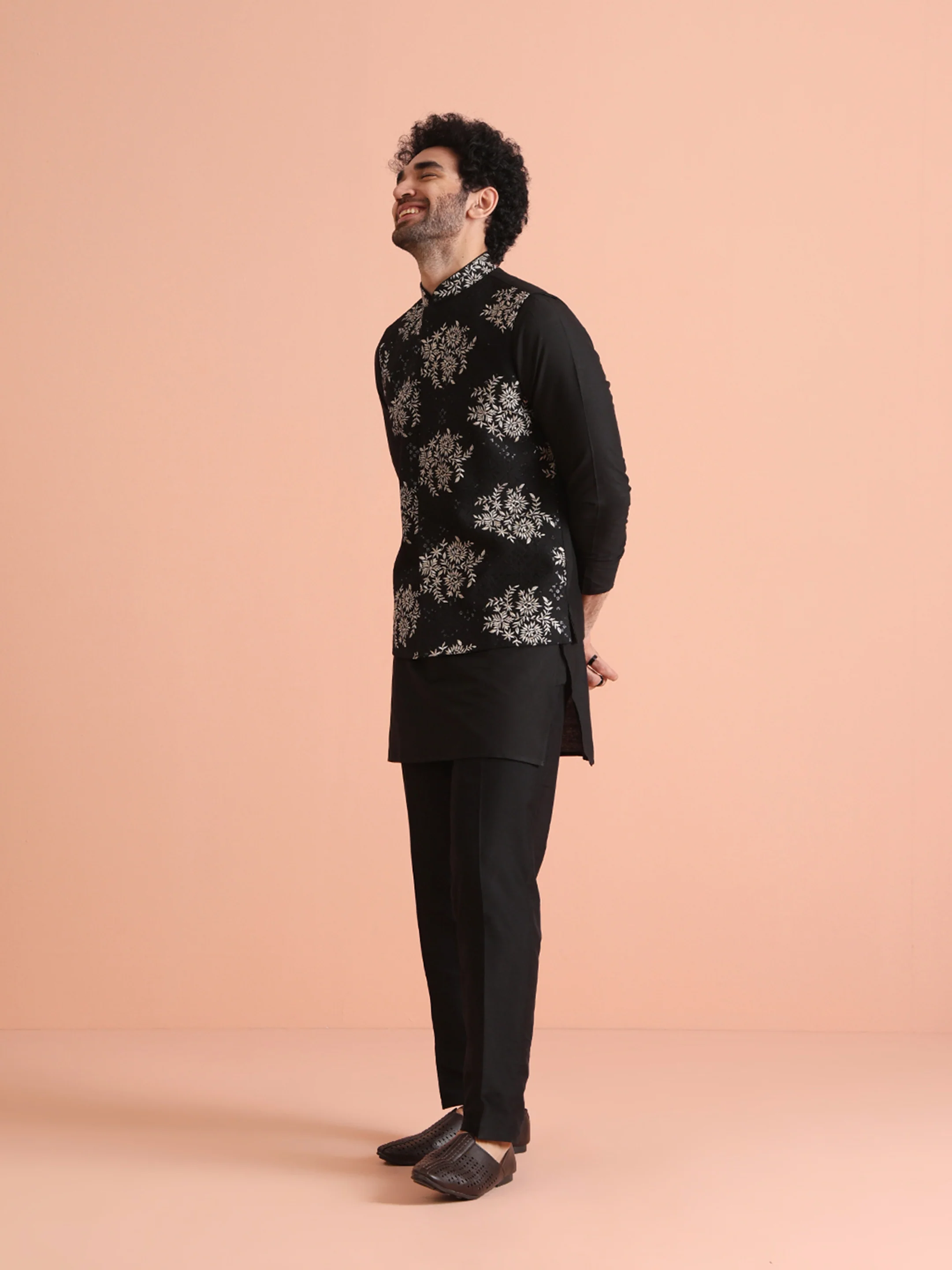 Black Thread Work Jacket Kurta Trouser Set - Image 4