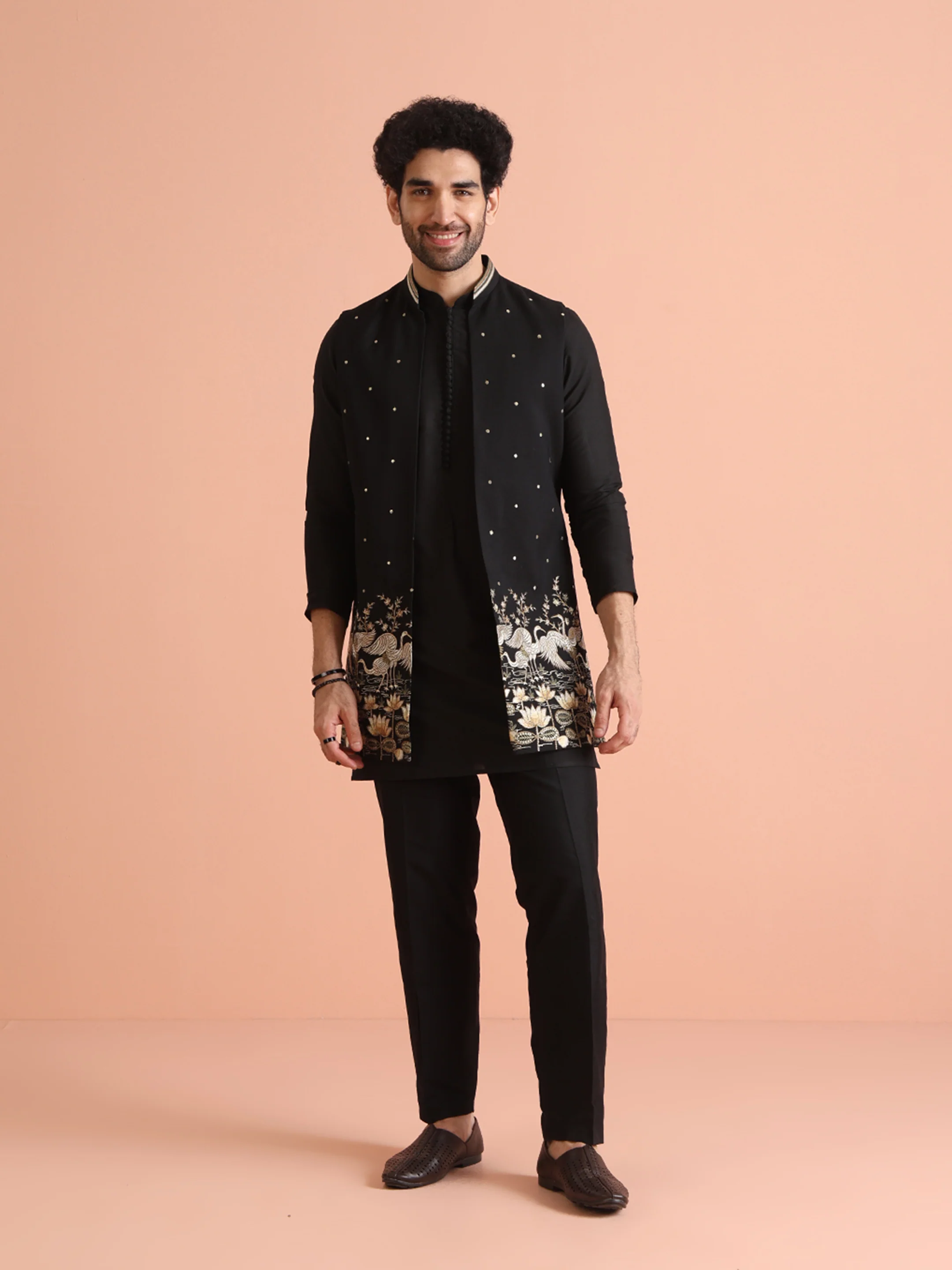 Black Embroidered Jacket Kurta Trouser Set - Image 3