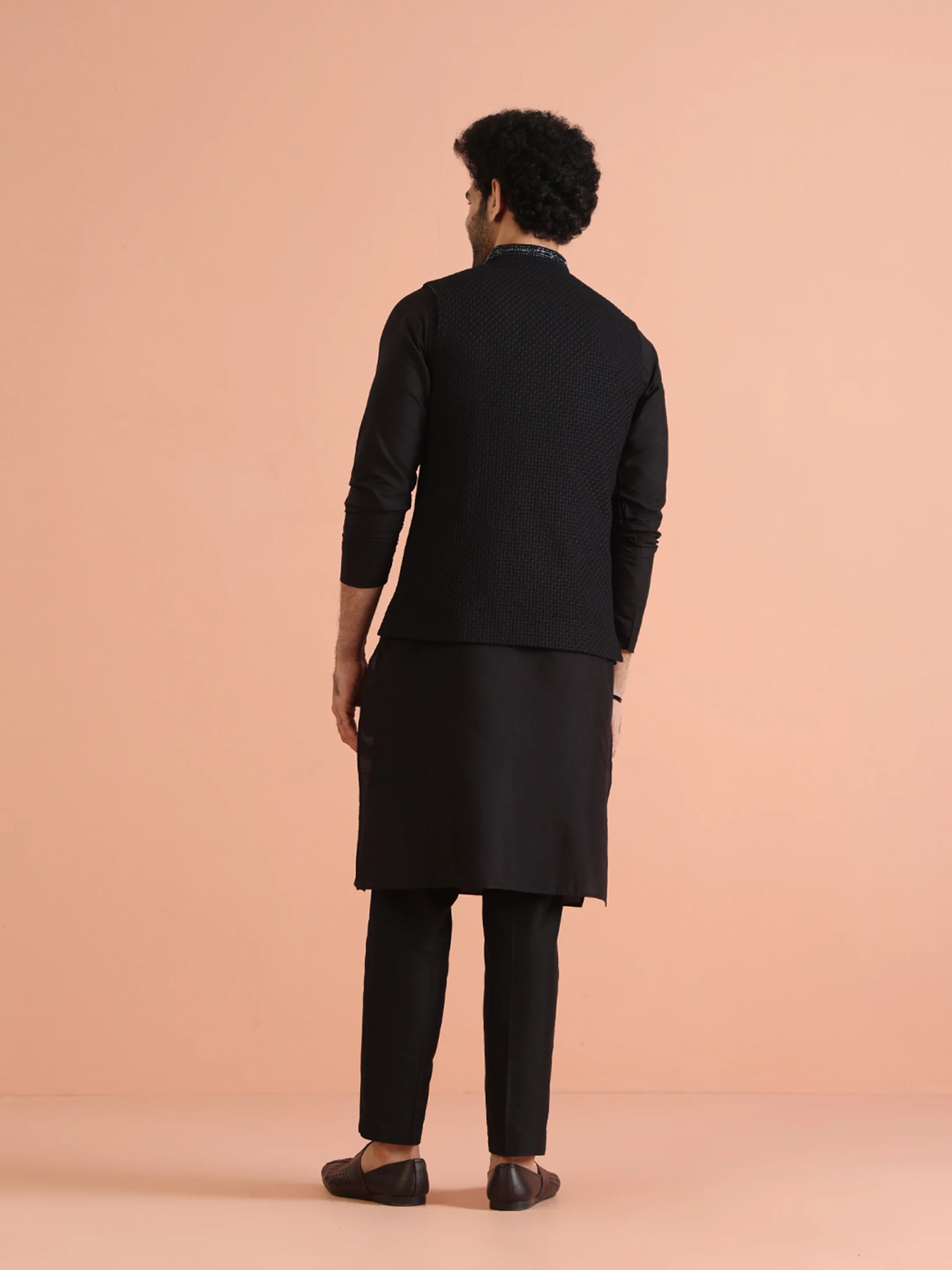 Black Thread Work Jacket Kurta Trouser Set - Image 3