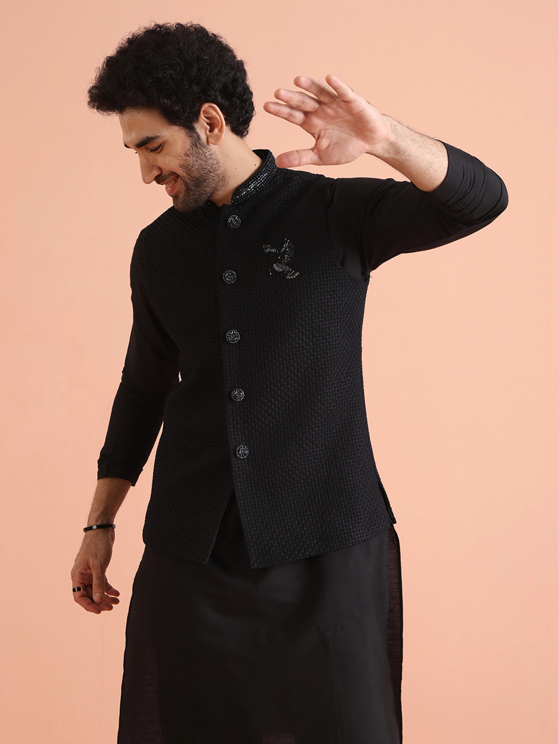 Black Thread Work Jacket Kurta Trouser Set - Image 7