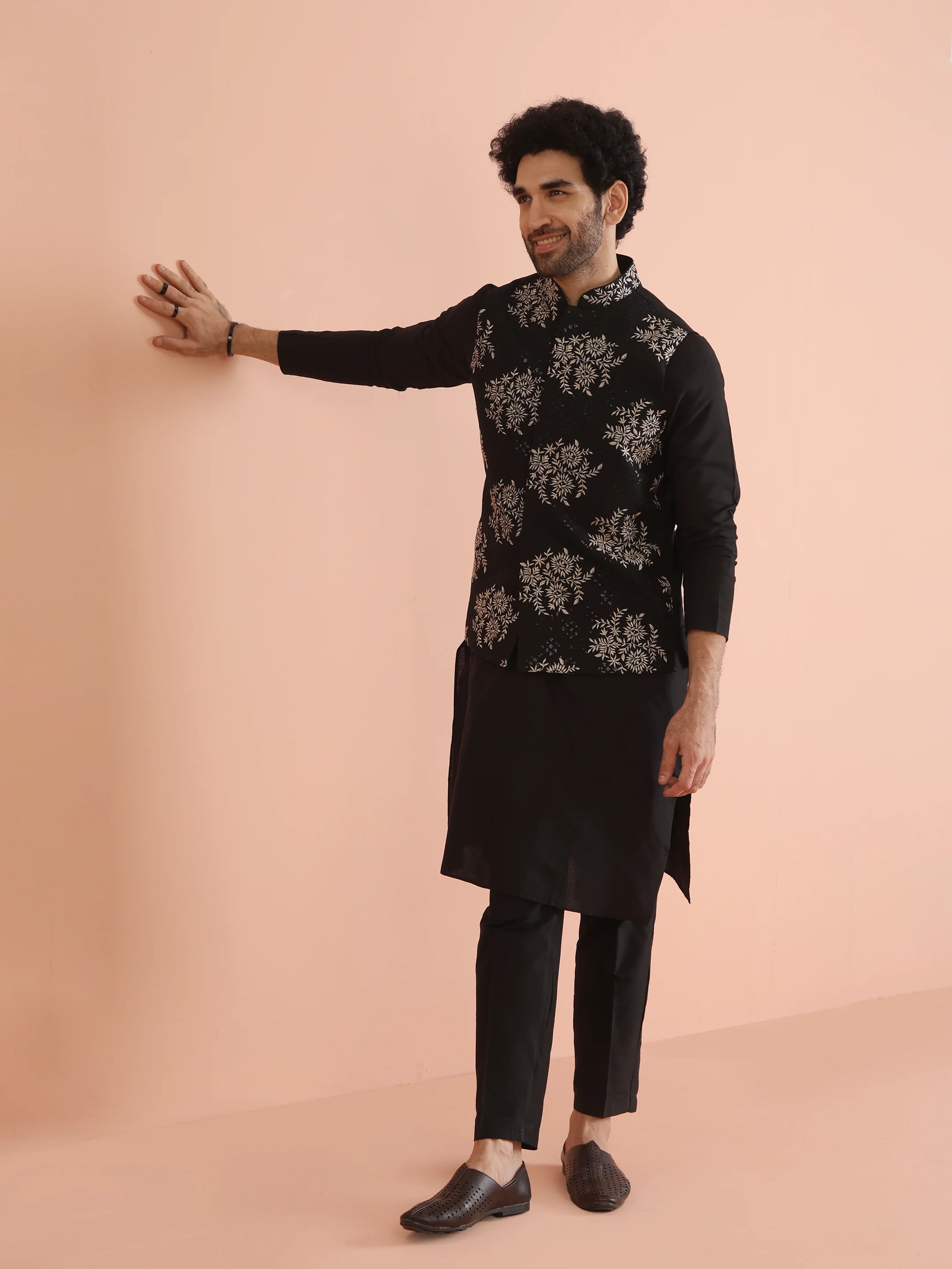 Black Heavy Thread Work Nehru Jacket Kurta Trouser - Image 2