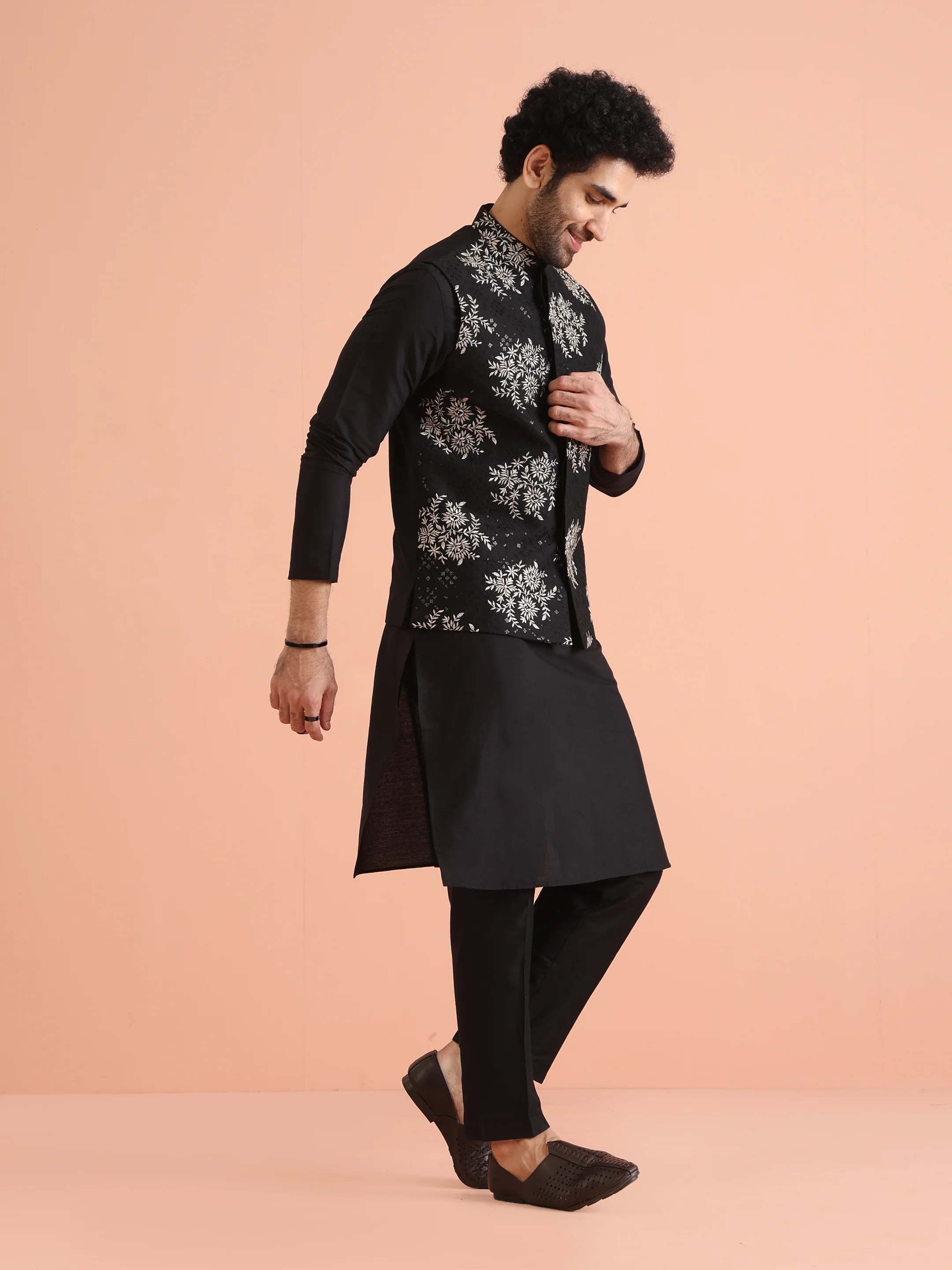 Black Heavy Thread Work Nehru Jacket Kurta Trouser - Image 3