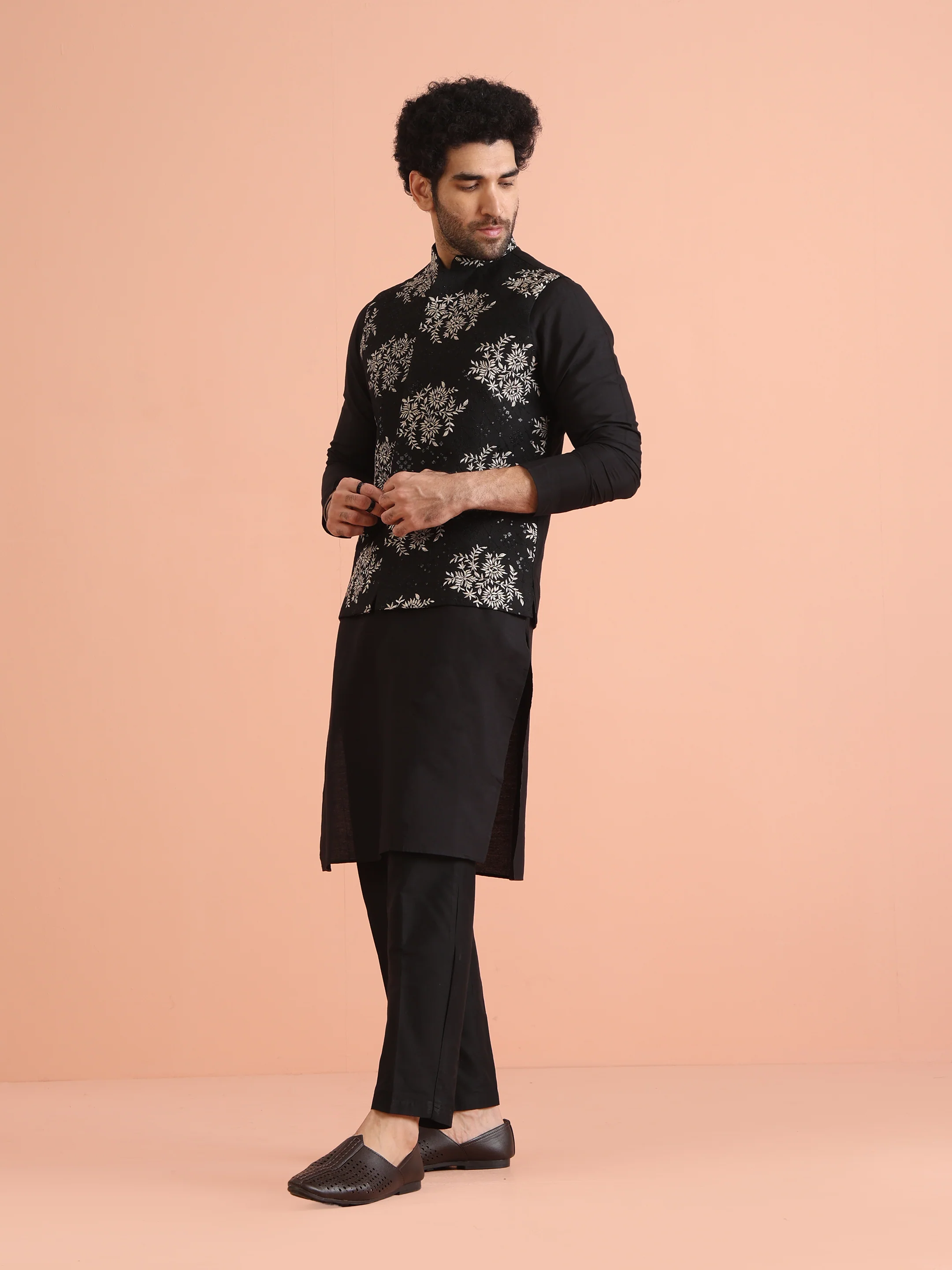 Black Heavy Thread Work Nehru Jacket Kurta Trouser - Image 4