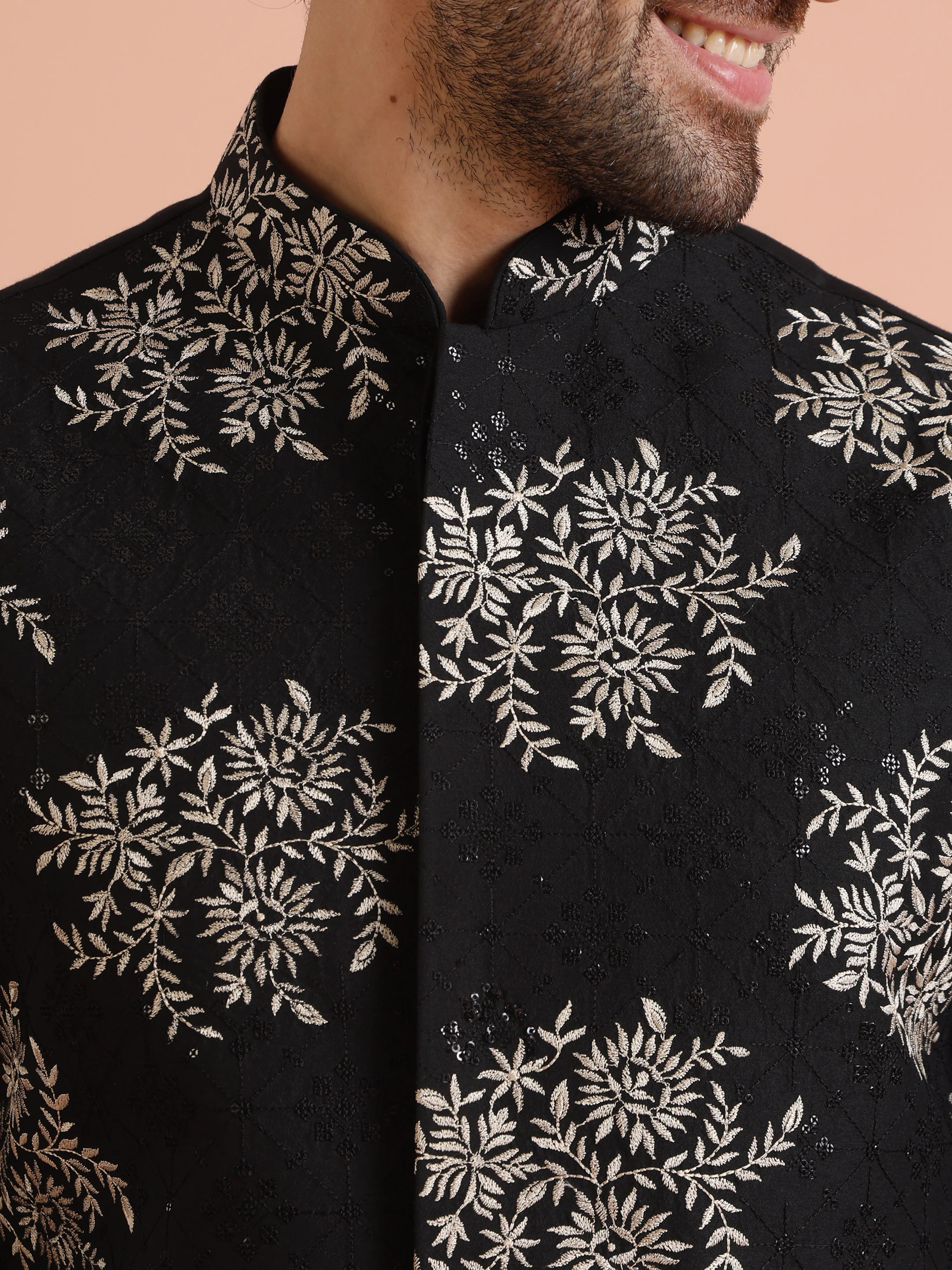 Black Heavy Thread Work Nehru Jacket Kurta Trouser - Image 6