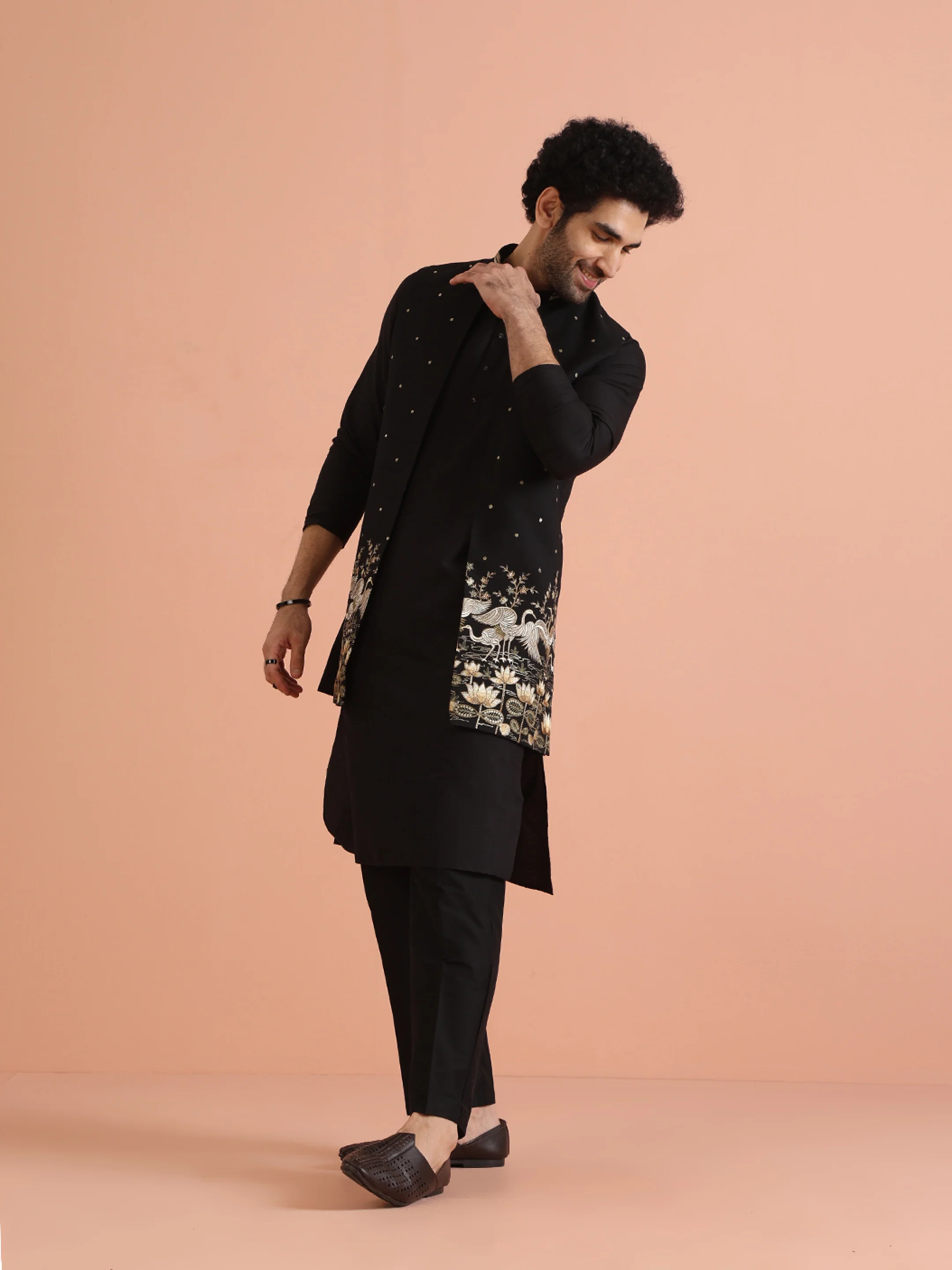 Black Embroidered Jacket Kurta Trouser Set - Image 3