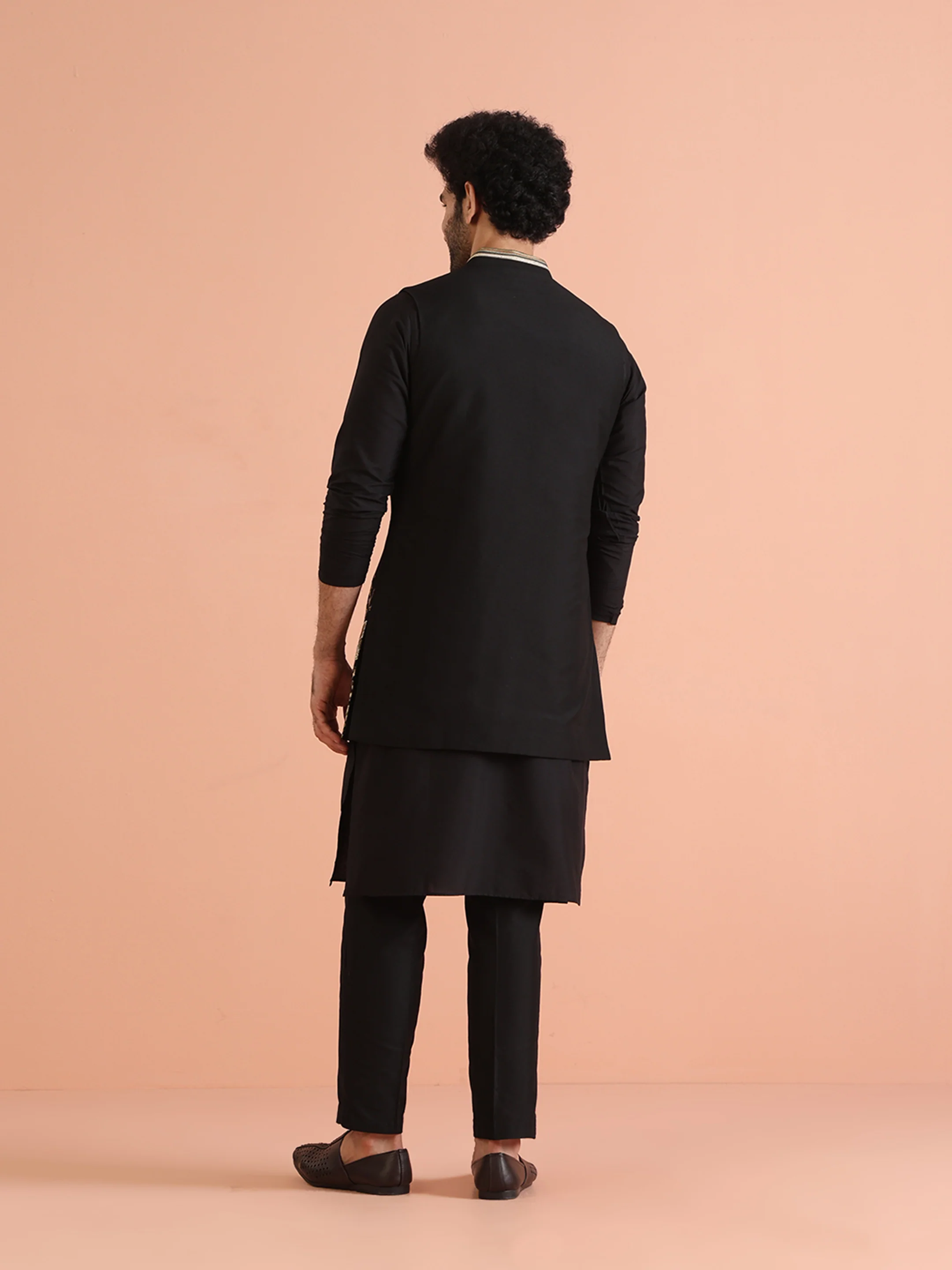 Black Embroidered Jacket Kurta Trouser Set - Image 4