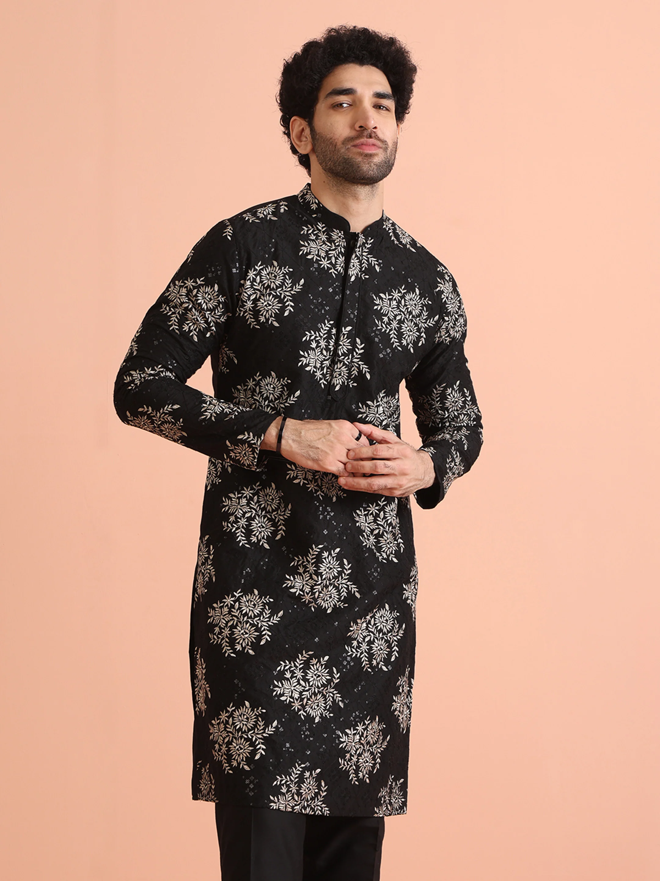 Black & Silver Floral embroidery Kurta - Image 2