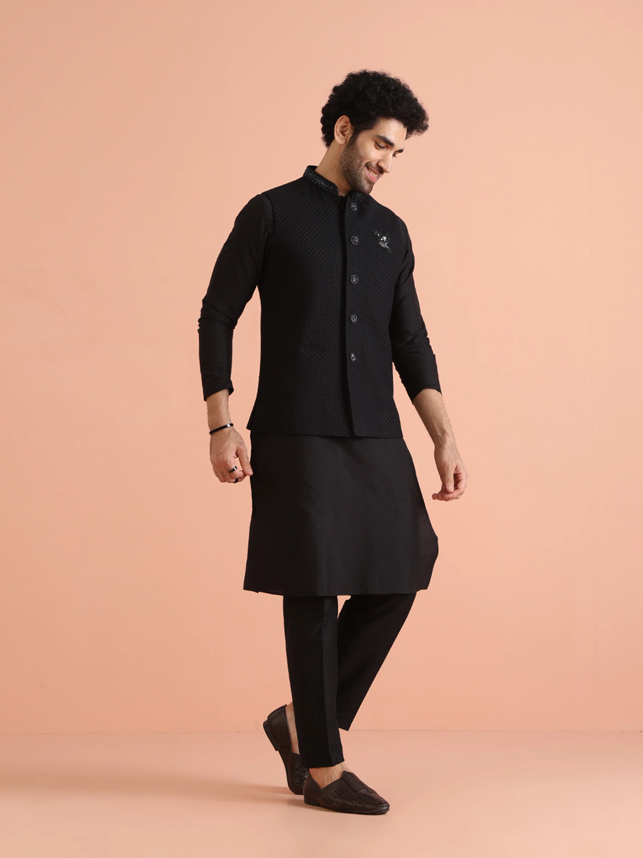 Black Silk Blend Textured Nehru Jacket - Image 2