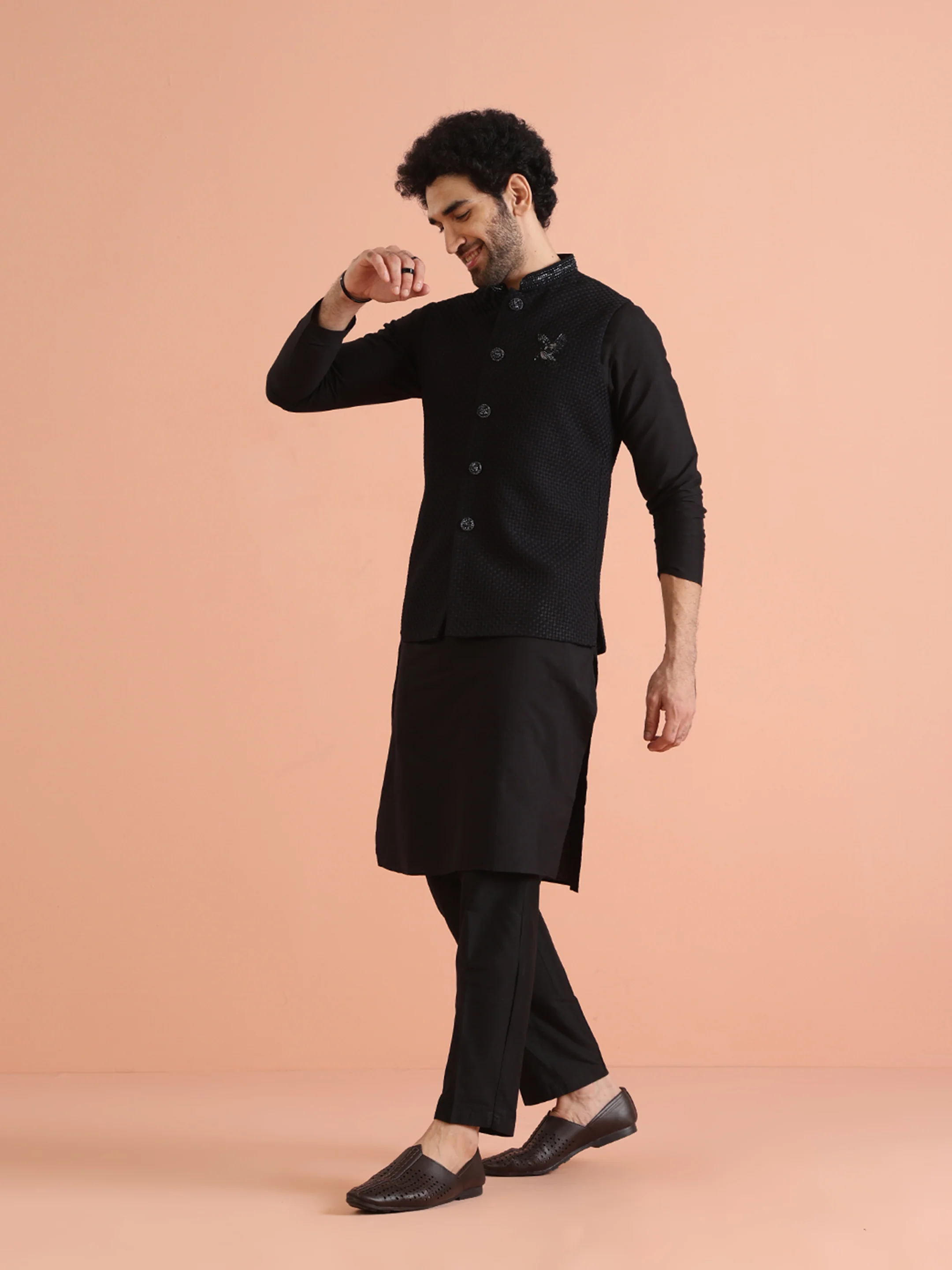 Black Silk Blend Textured Nehru Jacket - Image 3