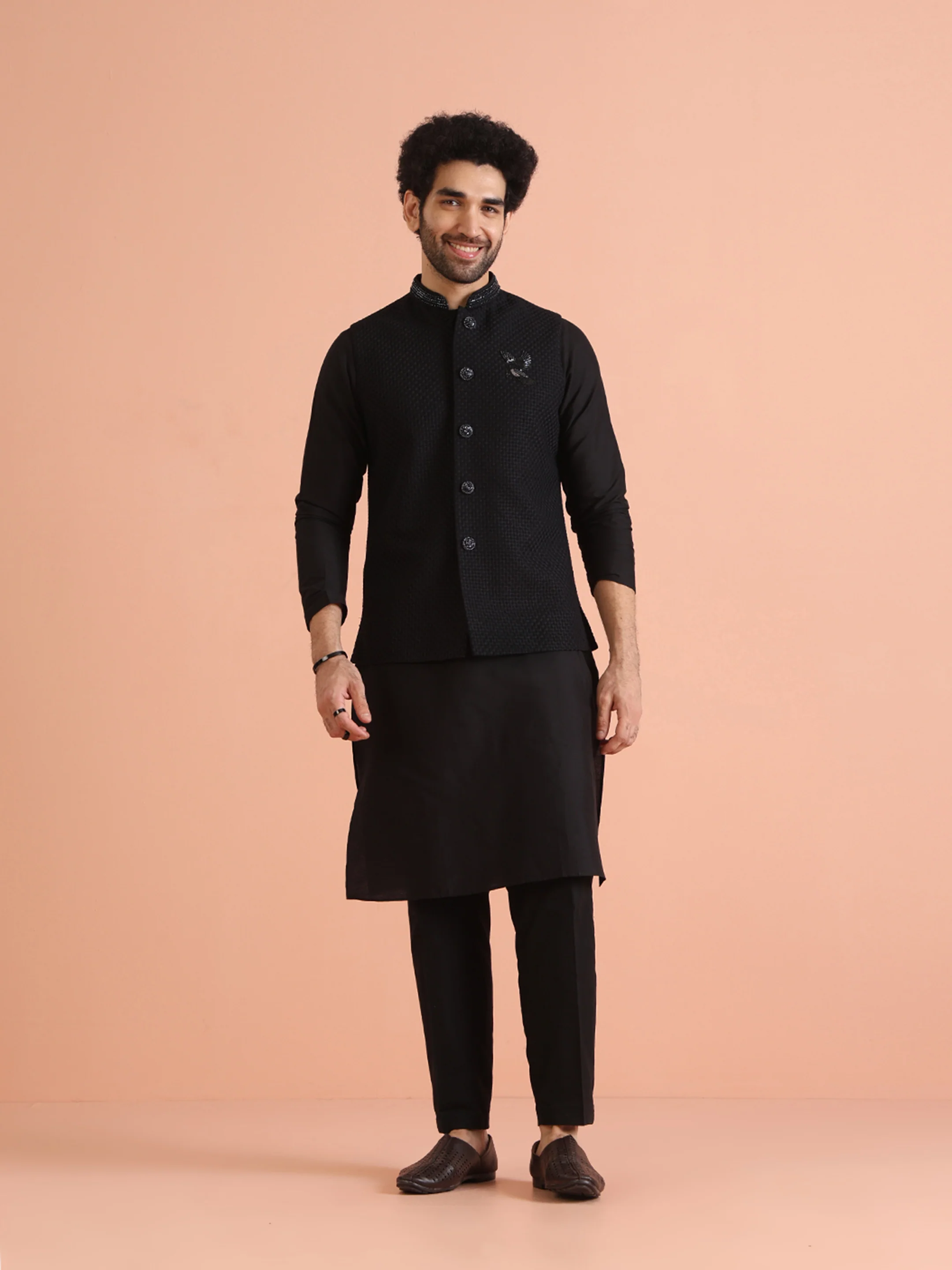 Black Silk Blend Textured Nehru Jacket - Image 6