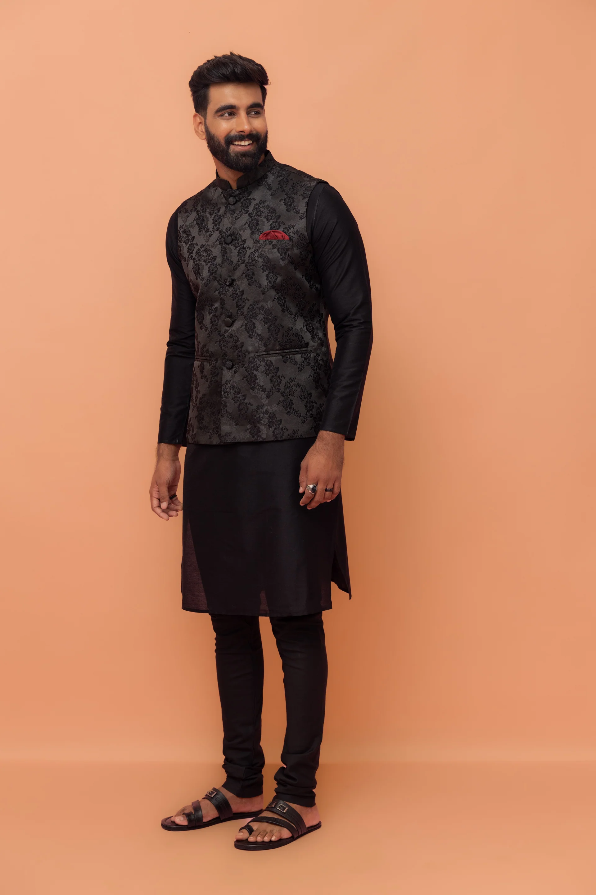 Black Jacquard Floral Jacket Kurta Churidar - Image 3