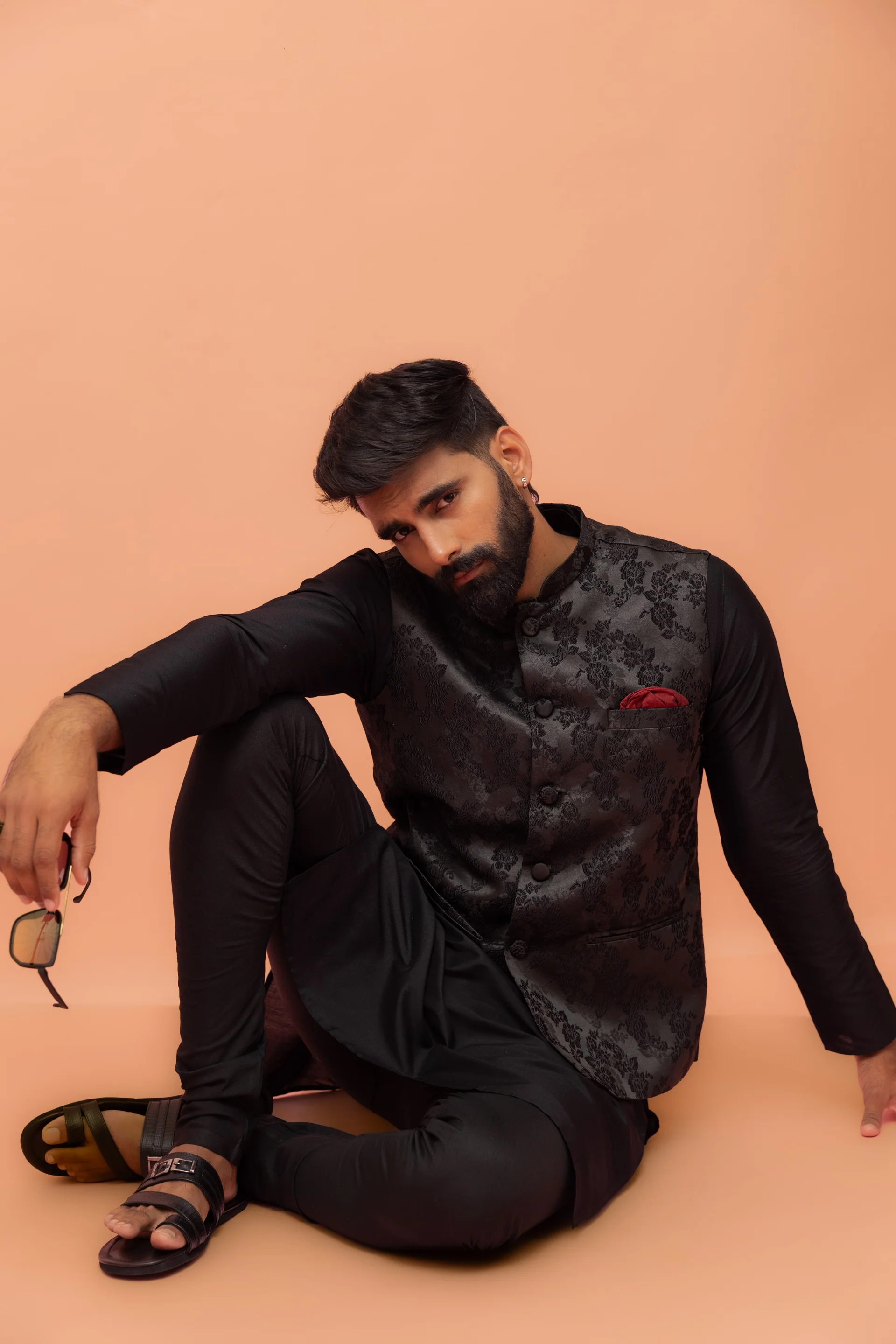 Black Jacquard Floral Jacket Kurta Churidar - Image 7