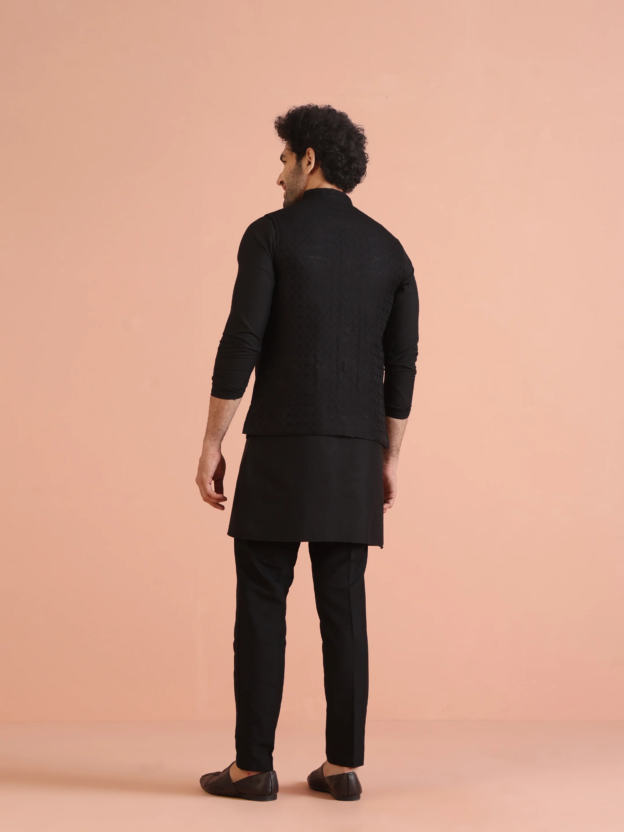 Black Jacquard Woven Jacket Kurta Trouser Set - Image 4